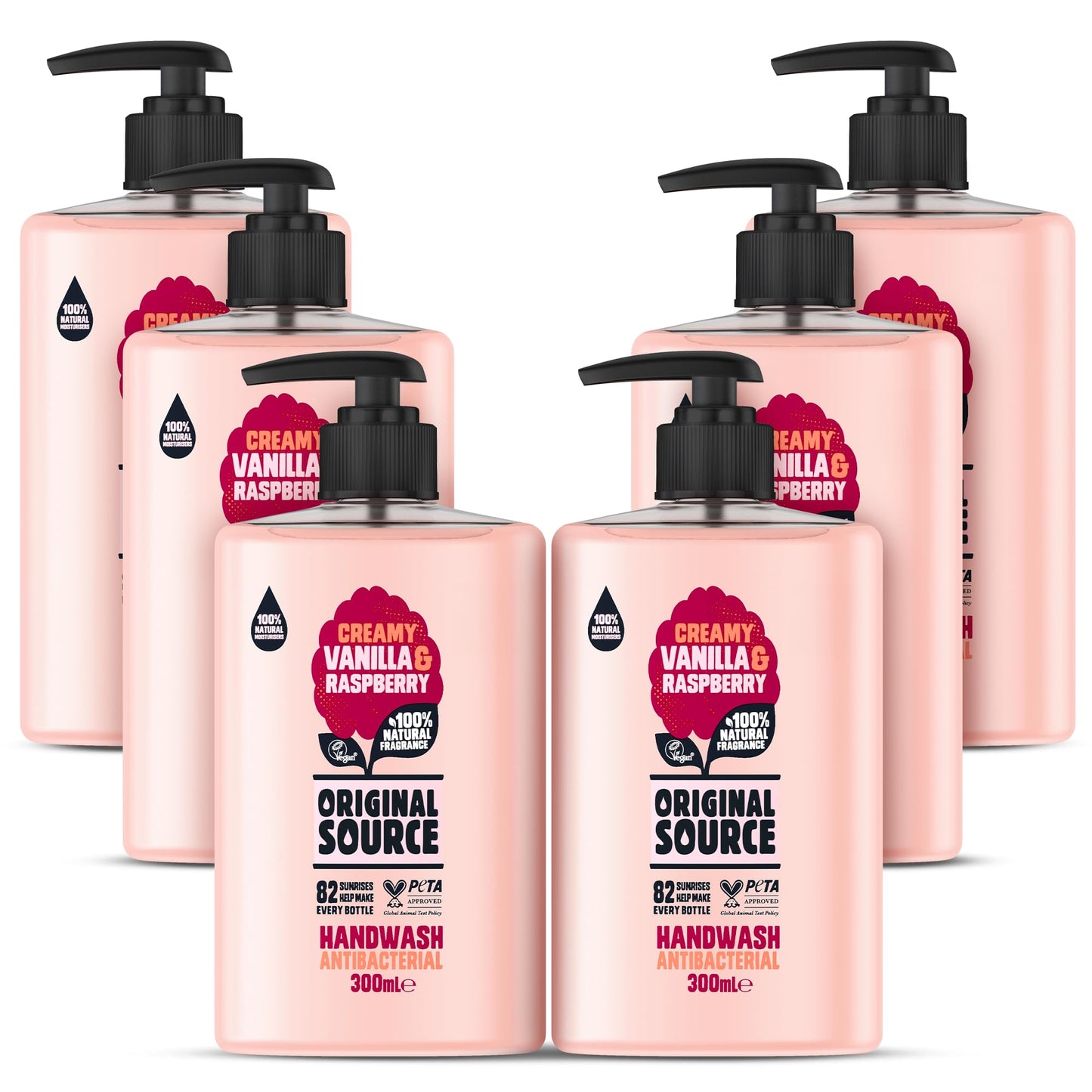 Original Source Vanilla Milk and Raspberry Handwash with 100% Natural Fragrance, Vegan Handwash, Antibacterial, Natural Moisturisers, Multipack of 6 x