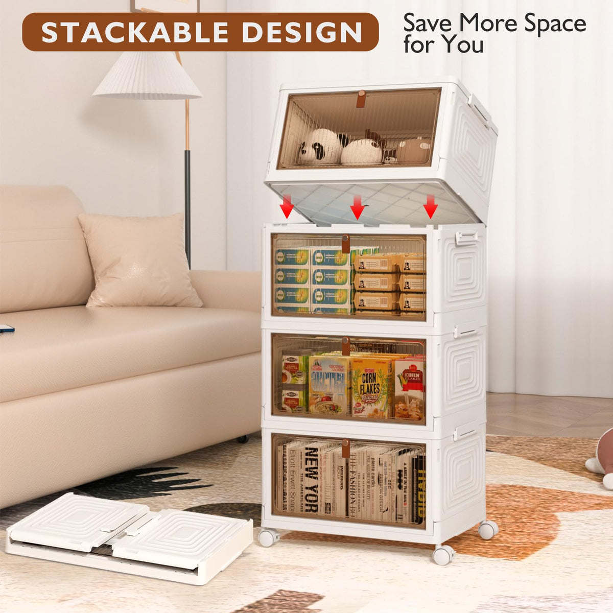SavvyStor Storage Boxes with Lid - 4-Tier Plastic Storage Drawers, Stackable Boxes, Organiser for Bedroom Living Room
