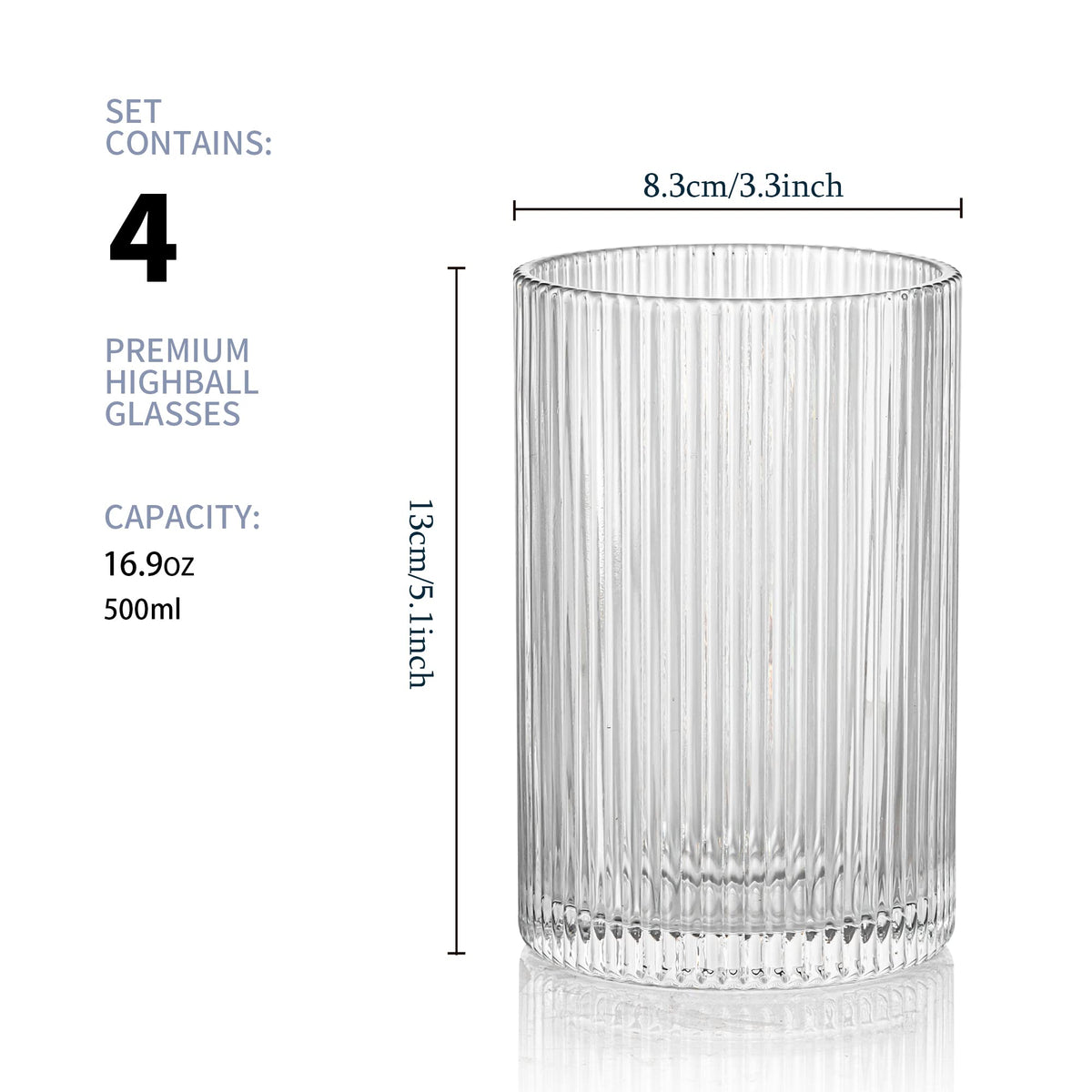 POLIDREAM Vintage Ribbed Glassware Set: 4pcs 16.9oz XL Drinking Glasses, Fluted Ripple Drinkware, Origami Style, Elegant Glassware for Whiskey,