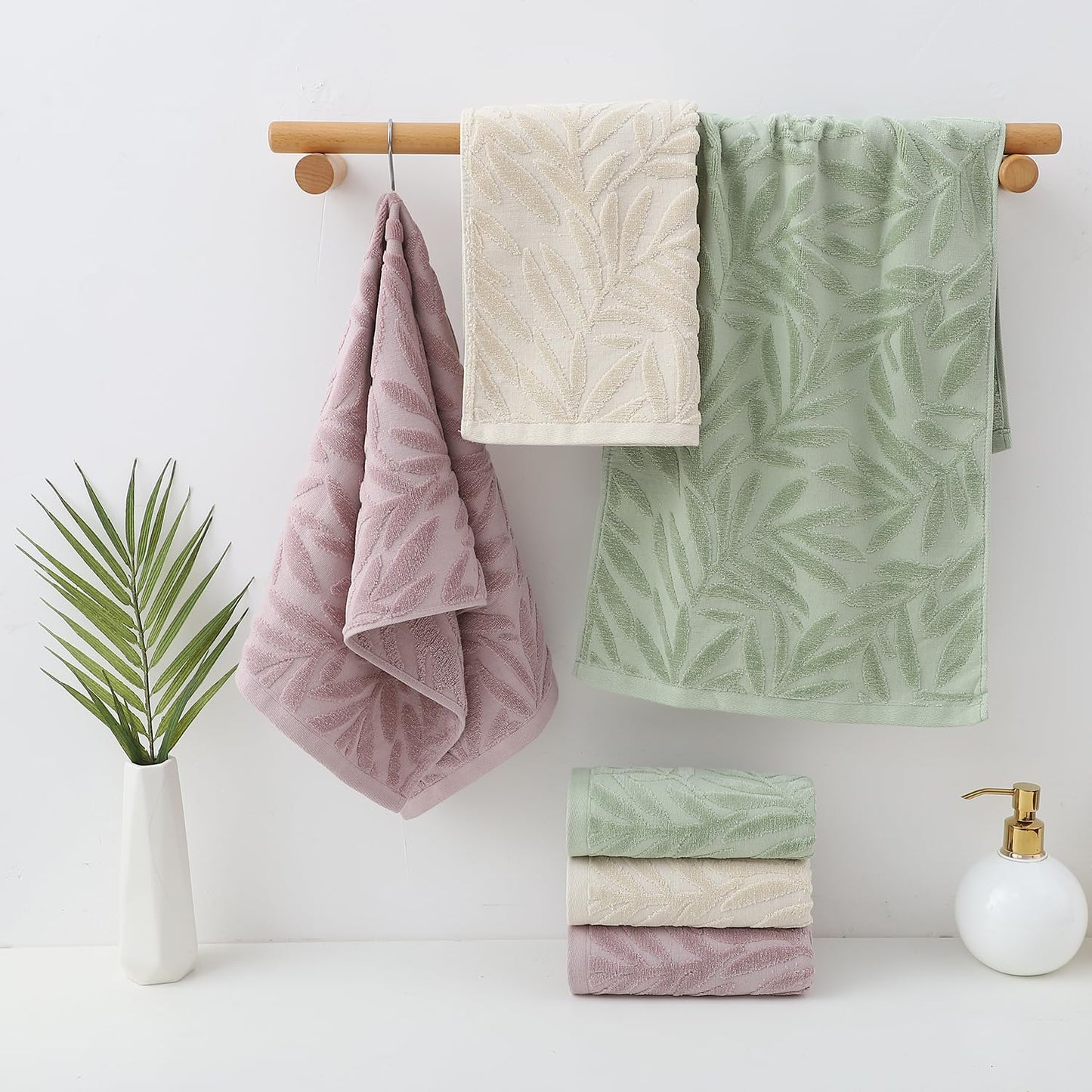 Pidada Hand Towels Set of 2 Leaf Pattern 100% Cotton Absorbent Soft Decorative Towel for Bathroom (Light Brown)
