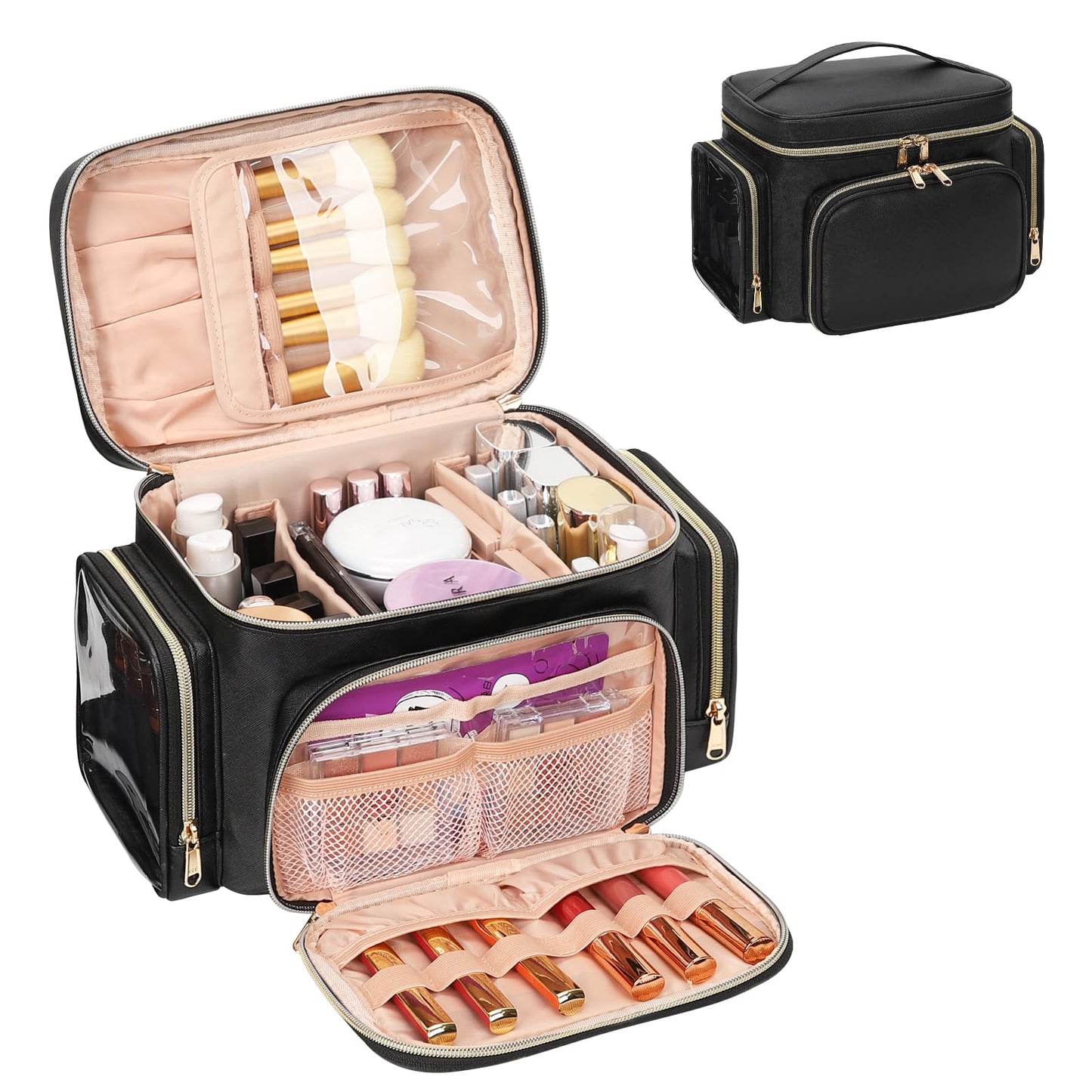 Makeup Bag Large Travel Make up Bag Organiser for Women PU Leather Toiletry Bag Portable Makeup Case with Brushes Compartments, Black