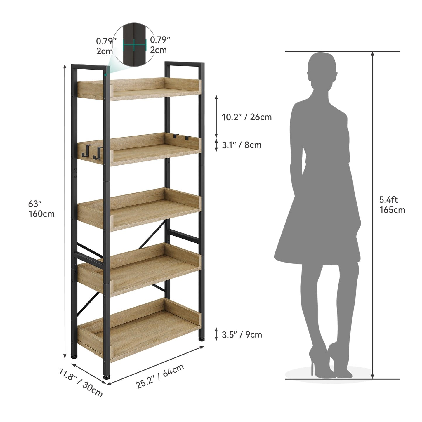 YITAHOME Bookcase 5-Tier, Tall Narrow Bookcase Thin Book Shelf Wooden Shelves Wooden Shelf With Stable Steel Frame