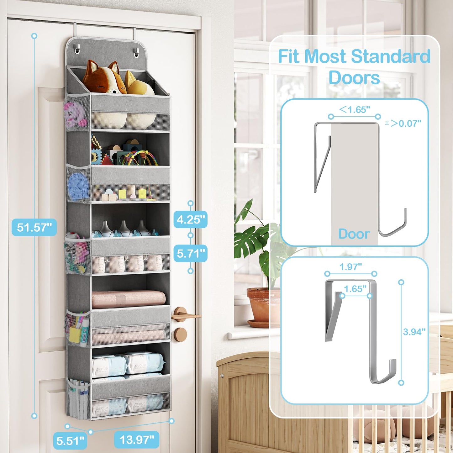 LAMU 5-Tier Over The Door Storage, Swing - Proof Hanging Wardrobe Organiser for Baby Clothes, Back of Door Storage for Bedroom, Nursery and Bathroom