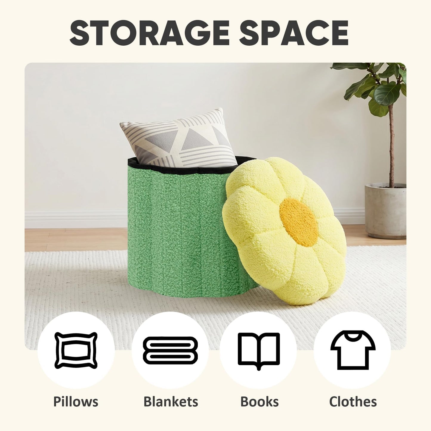 PINPLUS Small Folding Storage Ottoman with Lid, 32x32x29 cm, Green