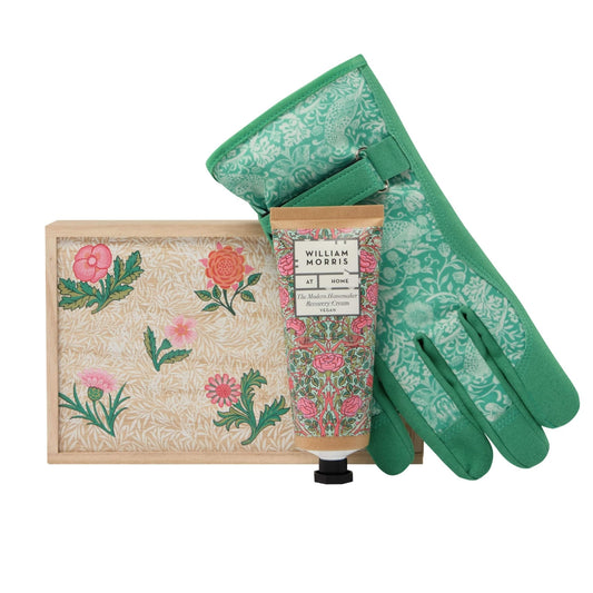 William Morris At Home Hand Recovery Cream 100ml and Gardening Gloves in a Wooden Box, Shea Butter, Fragranced Hand Care Moisturiser, Gift For Keen