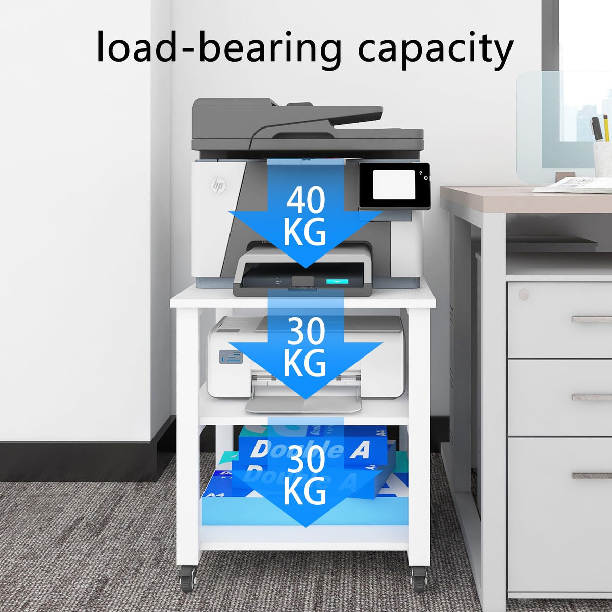 PUNCIA 3-Tier Laser Printer Stand with Storage 50x50x57.5cm Large Printer Table on Wheels Under Desk Storage Trolley Heavy Duty Rolling Cart Movable