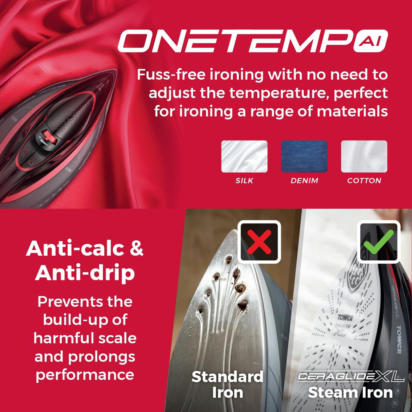 Tower T22034RED Steam Iron with Ceraglide XL Ceramic Soleplate, AI One Temp Technology, Anti-Drip & Anti-Calc, 350ml Water Tank, 3100W, Red & Black