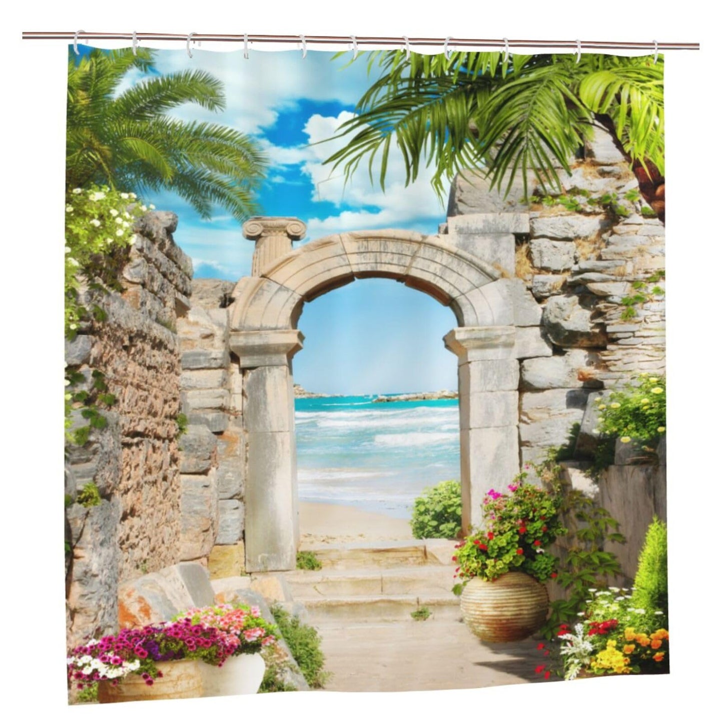 YUAOEUR 3D Landscape Garden Shower Curtain 79X72 Inch Stone Arch Sea Side View with Palm Trees Flowers Blue Sky Outdoor Picture Garden Bathroom Decor