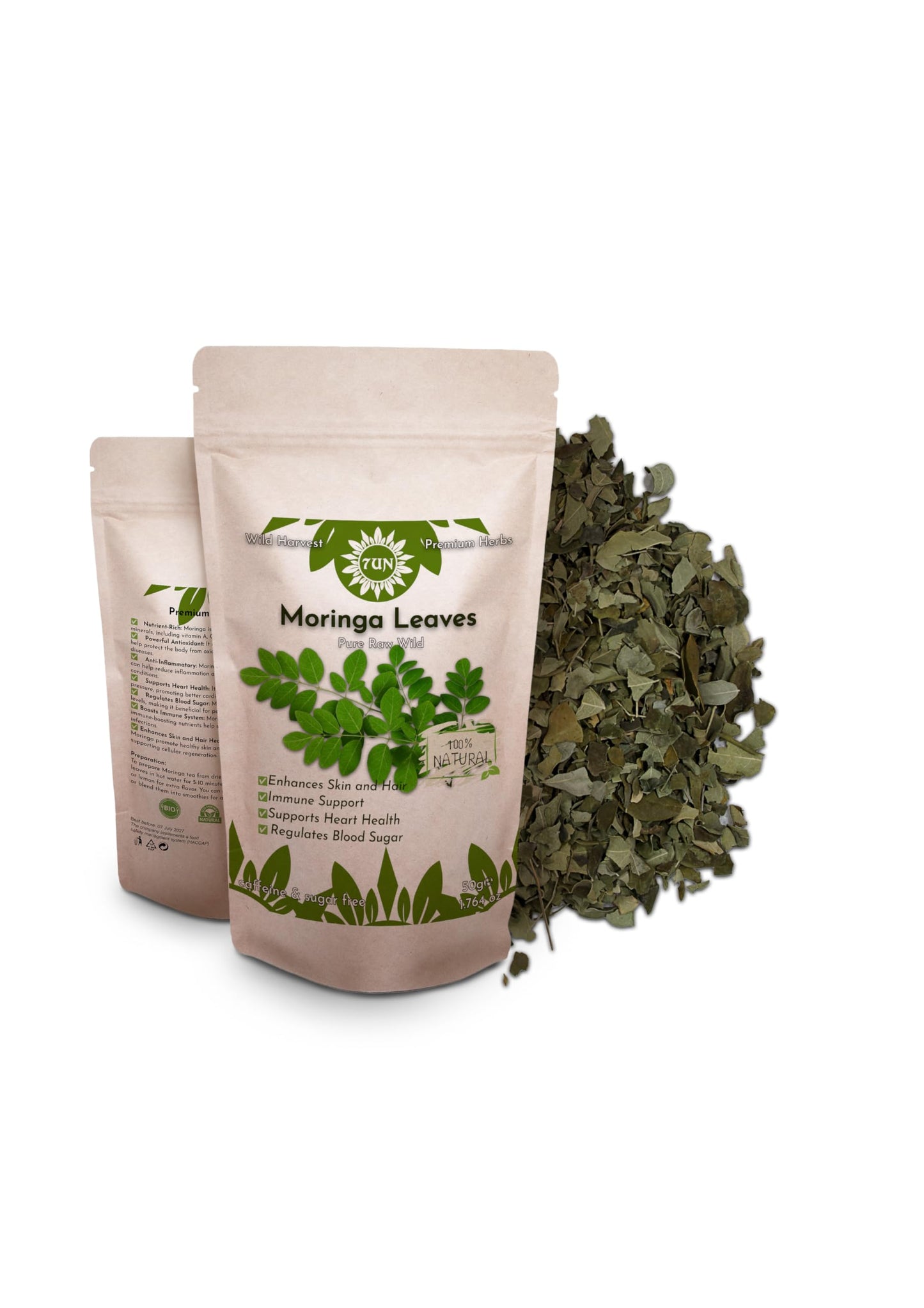 Premium Moringa Dried Leaves 50g ? 100% Pure, Raw, Wild, Non-GMO, Vegan ? Supports Nutritional Health, Immune Function, and Energy Levels ? Ideal for