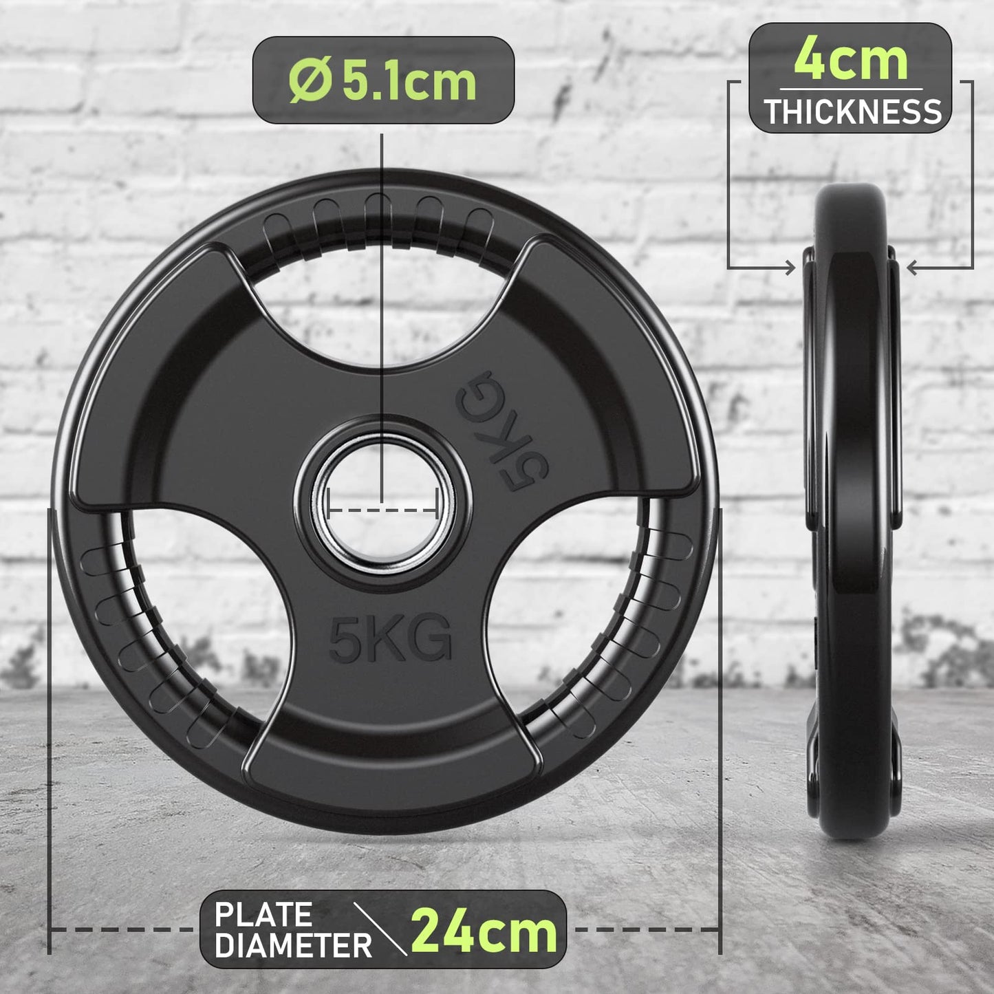 PhysKcal Olympic Weight Plates 2 x 5kg with Rubber Finish 2?? Opening and Tri-Grips, Black Barbell Plates Discs in Pair or Single for Lifting and