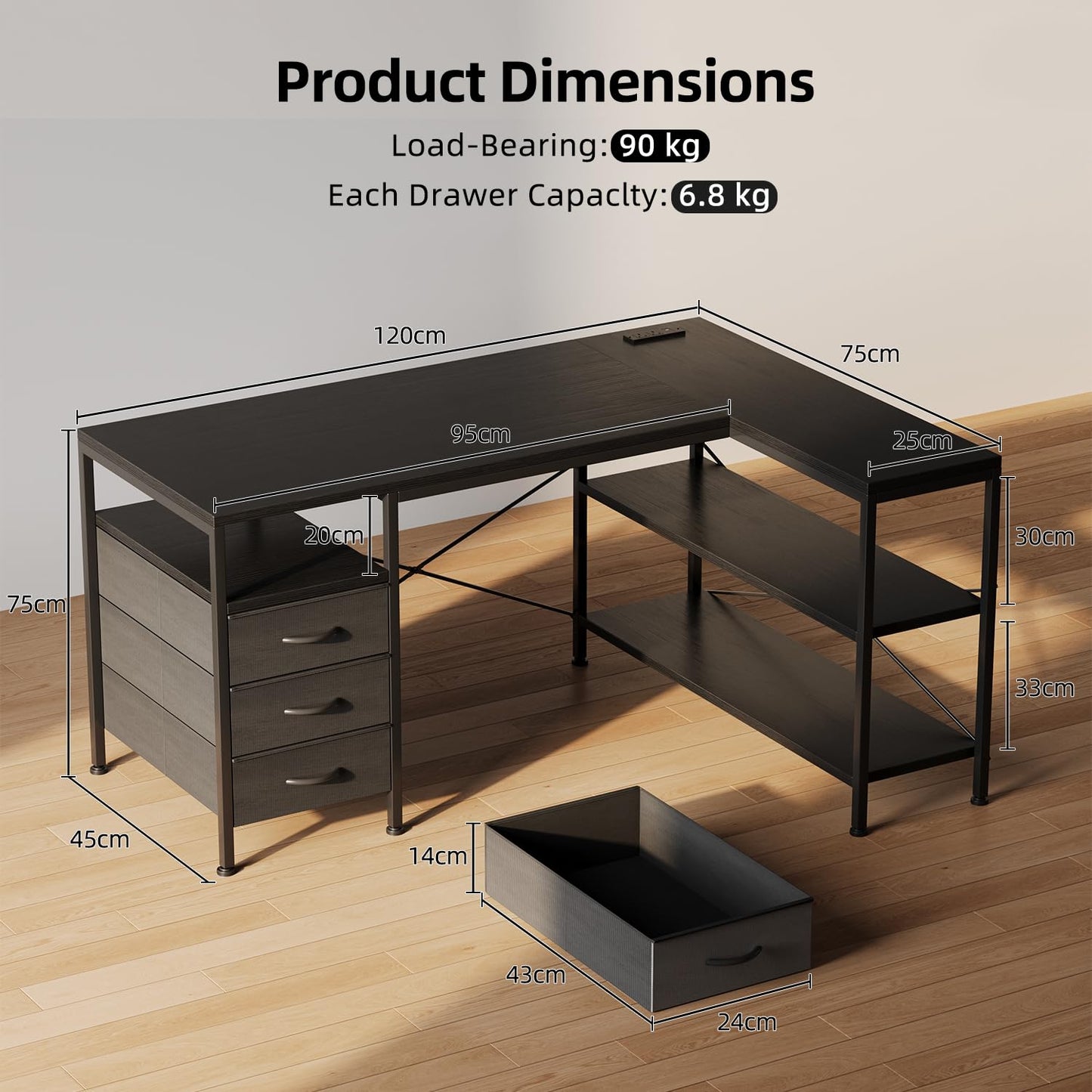 CAIYUN 120cm Corner Desk with Drawers, Reversible L shaped Computer Desk with Power Outlet, Home Office Desk with USB Charging Port, Black