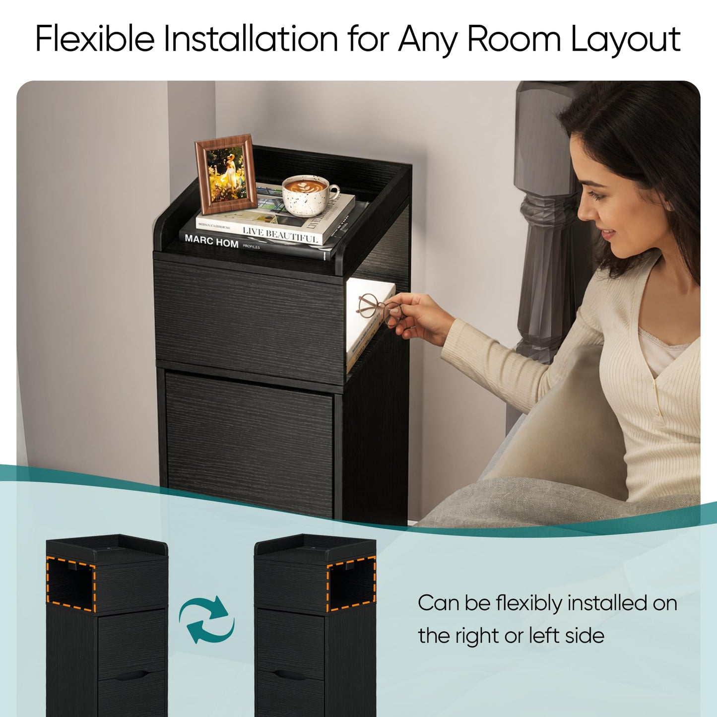 Quikraen 27cm Slim Bedside Tables Set of 2 with Charging Station and LED