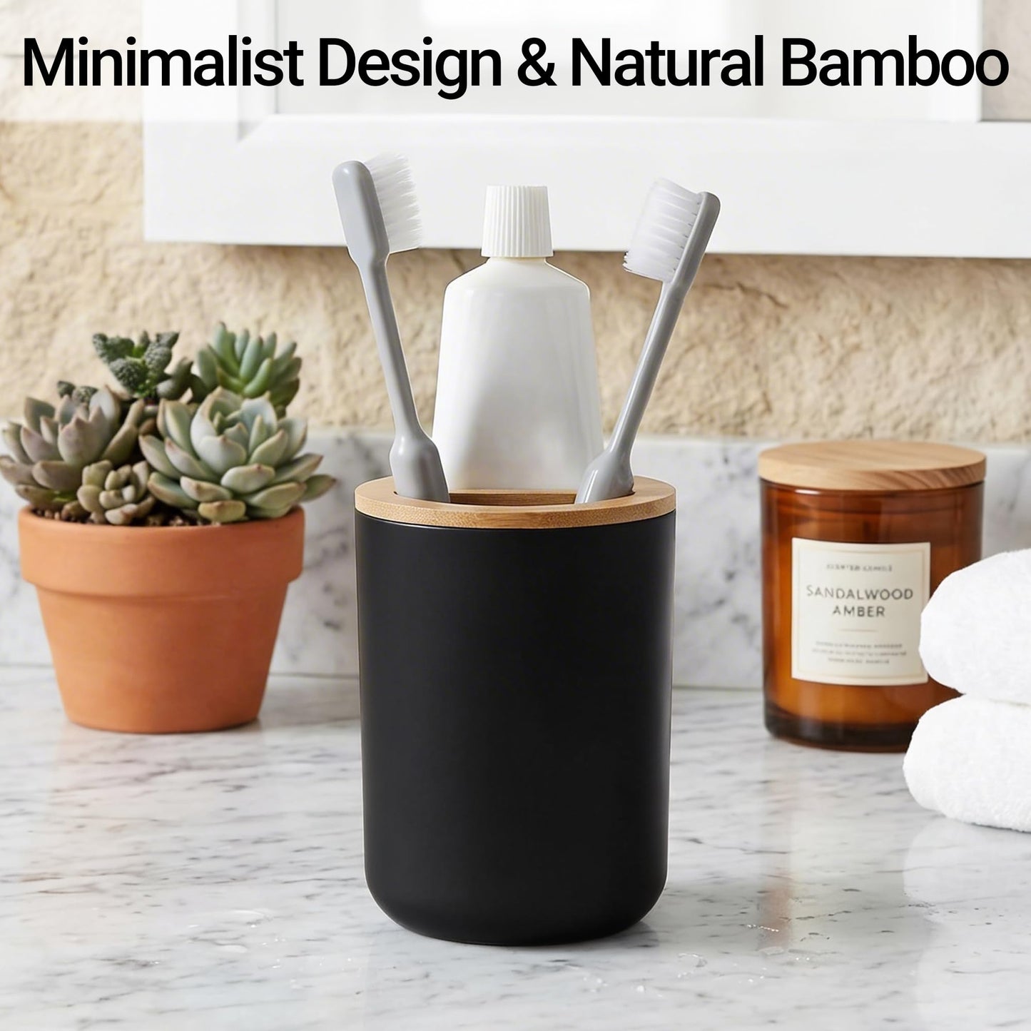 Adorila Black and Wood Toothbrush Holder - Round Bamboo & Plastic Bathroom Organizer - Small Toothpaste Caddy - Modern Decor
