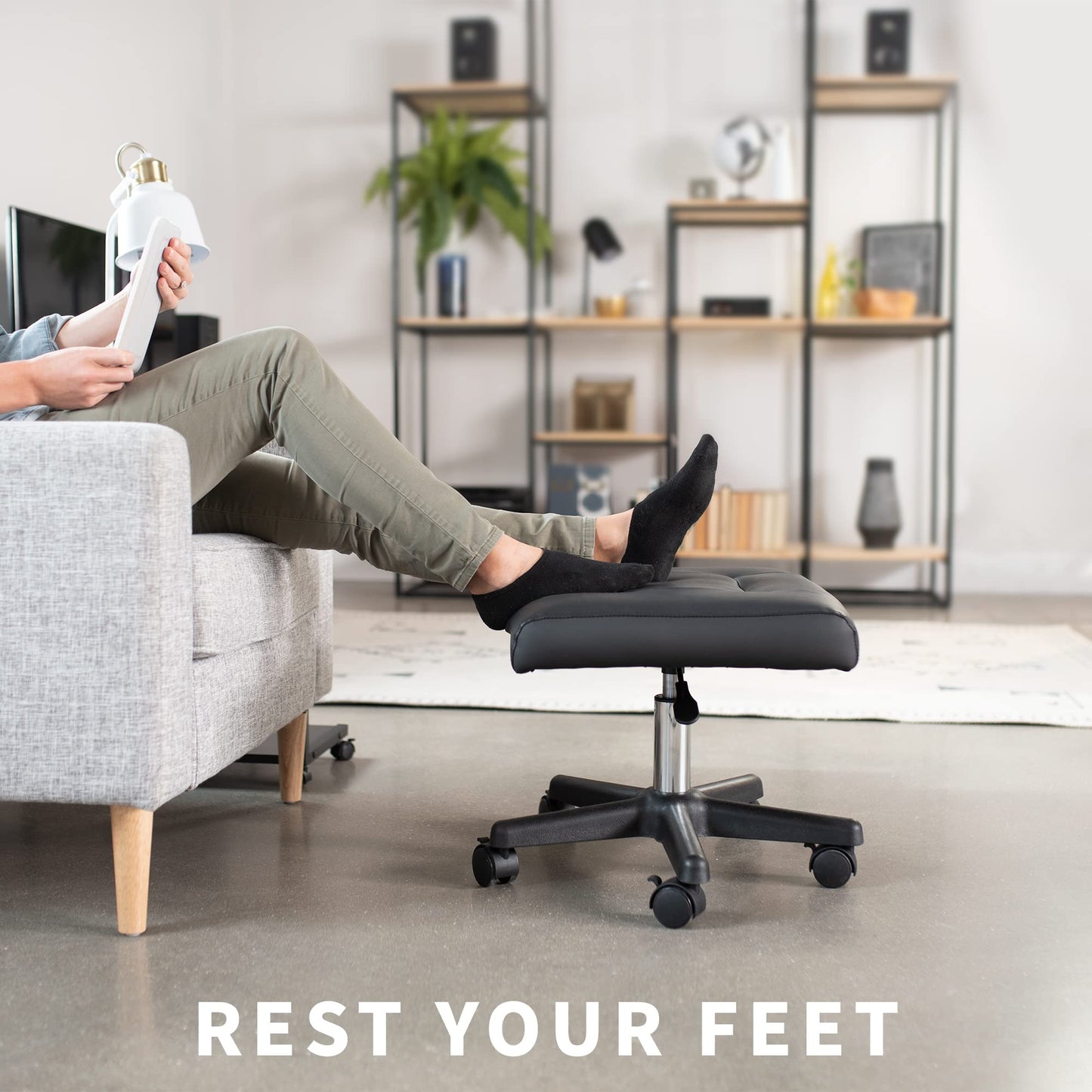 VIVO Ergonomic Mobile Footrest with Wheels, Height Adjustable Desk Stool with Thick Padding