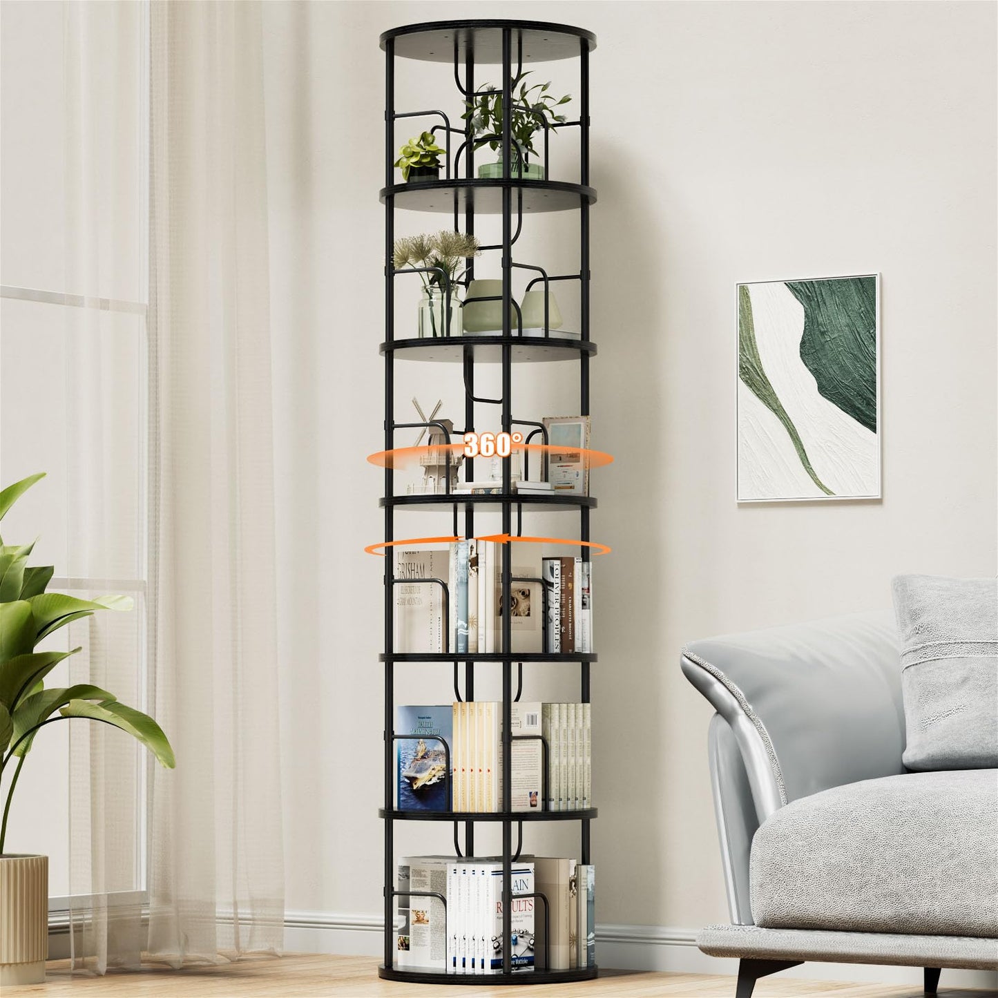OCTORO 6 Tier Rotating Bookshelf, 360° Corner Bookshelf Tower, Round Revolving Bookcase with Adjustable Levels, Spinning Book Shelf for Home Office
