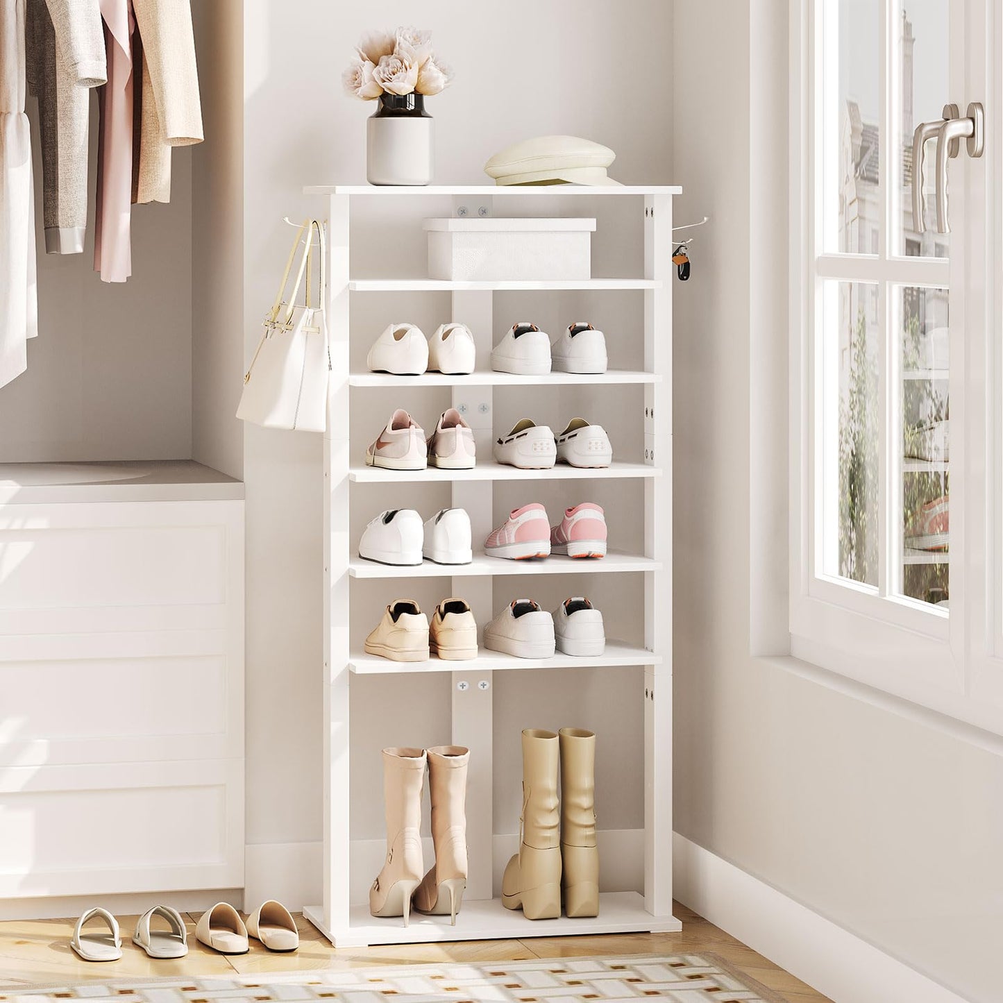 HOOBRO Shoe Rack Wooden, White Shoe Rack, Narrow Shoe Storage Organizer with 2 Hooks, Slim Shoe Shelf, Vertical Shoe Tower for Entrance, Living Room,