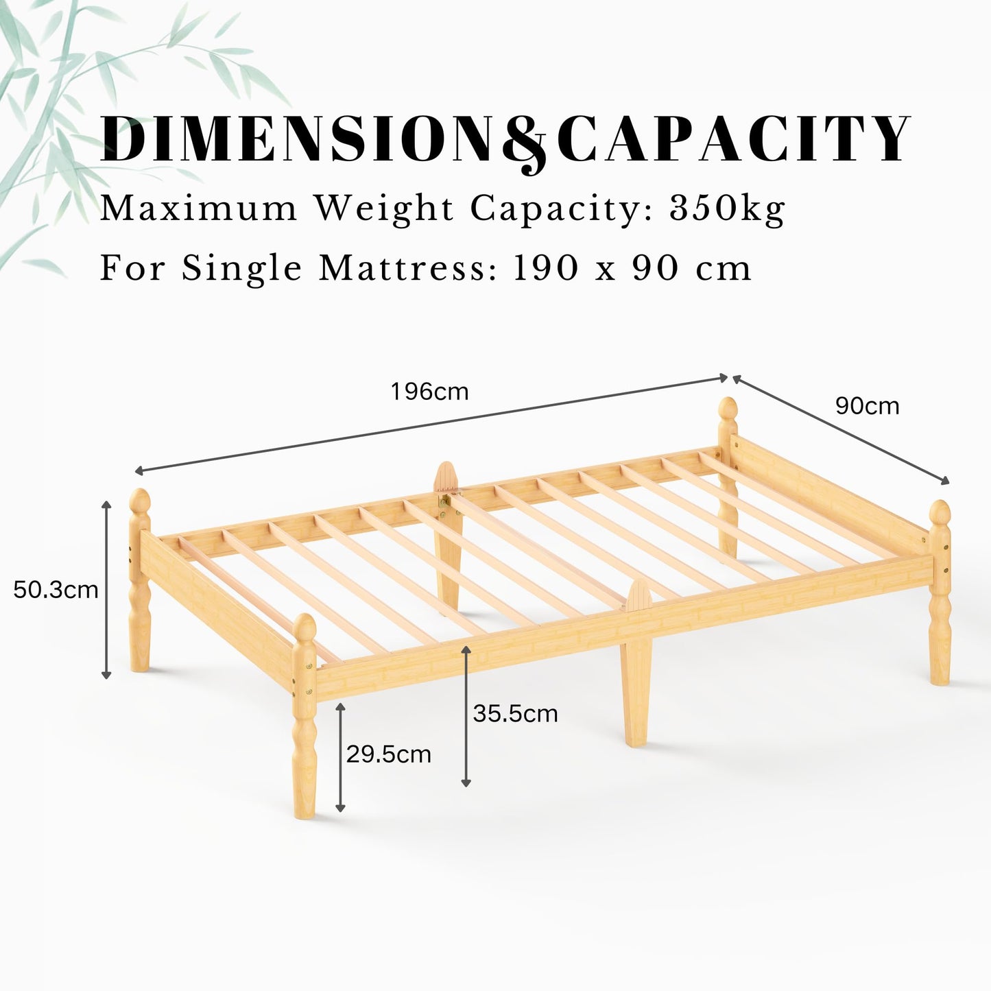 Hunlostten Solid Wood Single Bed Frame | Eco-Friendly Bamboo Wood Bed Platform, Slatted Base Breathable wooden Bed