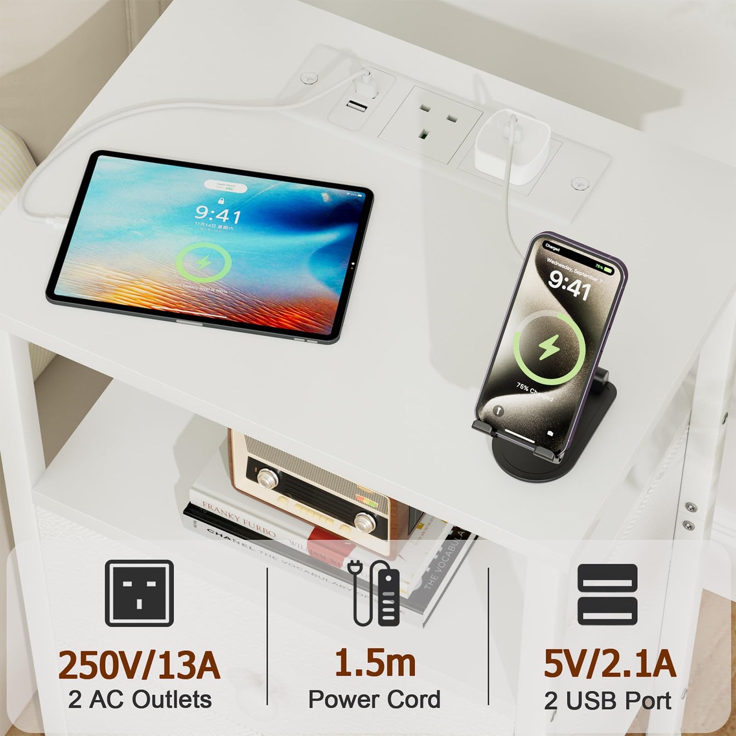 LOAKEKEL Bedside Table with Charging Station (Power, White, 2 Drawers)