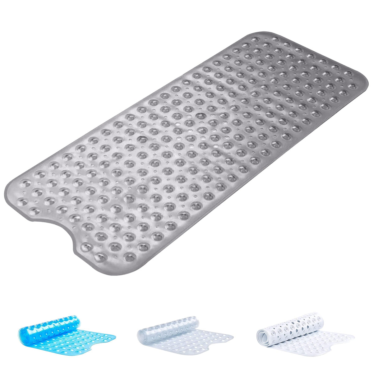 Oxford Homeware Shower Bath Mat Non Slip Anti Mould - Grey 100X40 cm Shower Mat for Bathtub and Bathroom with Drain Holes and Strong Suction Cups