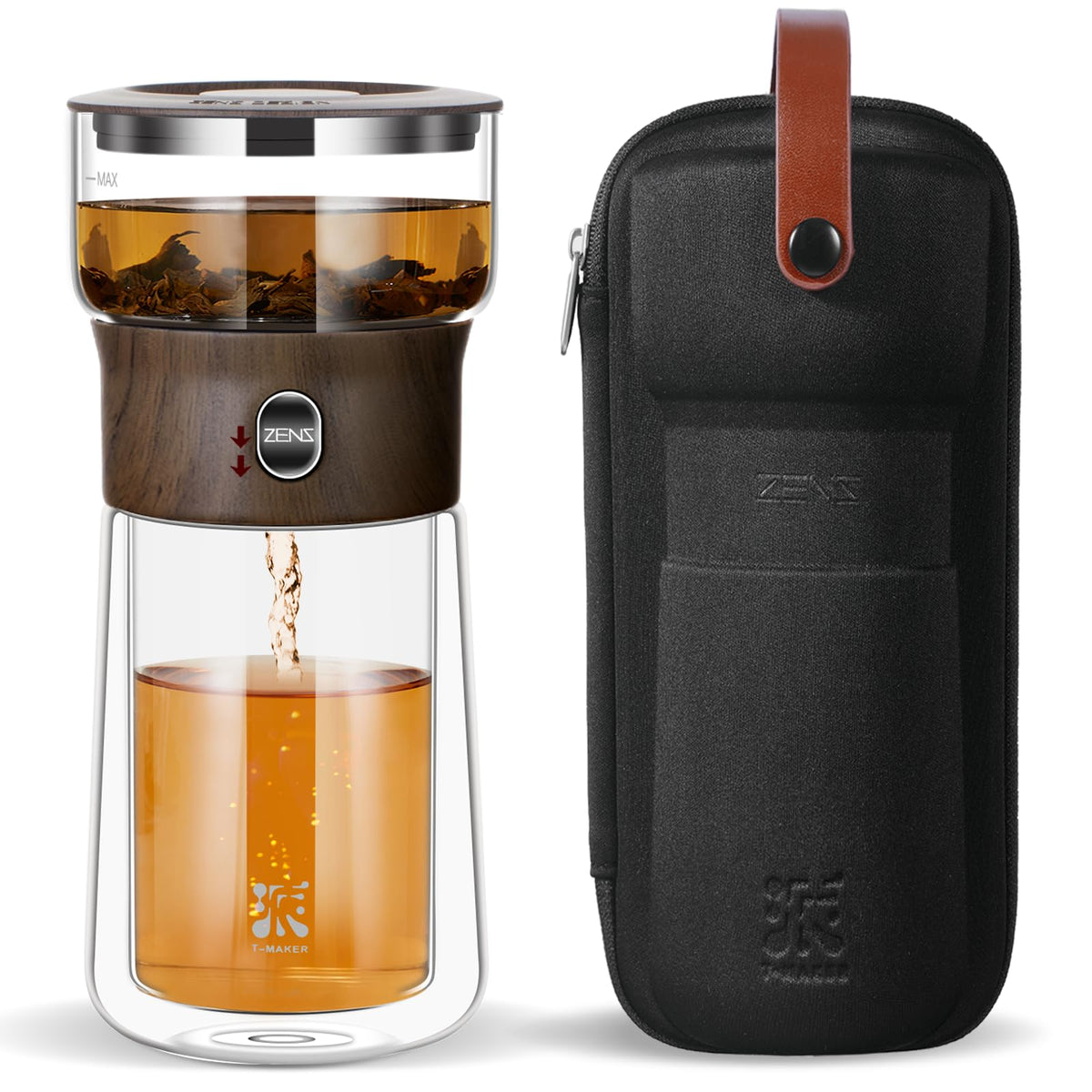 ZENS Modern Solo Tea Infuser Teapot, Smart One Touch Drip Tea Pot for Loose Tea Diffusers, Small Glass Gongfu Teapot with 270ml Insulated Cup and