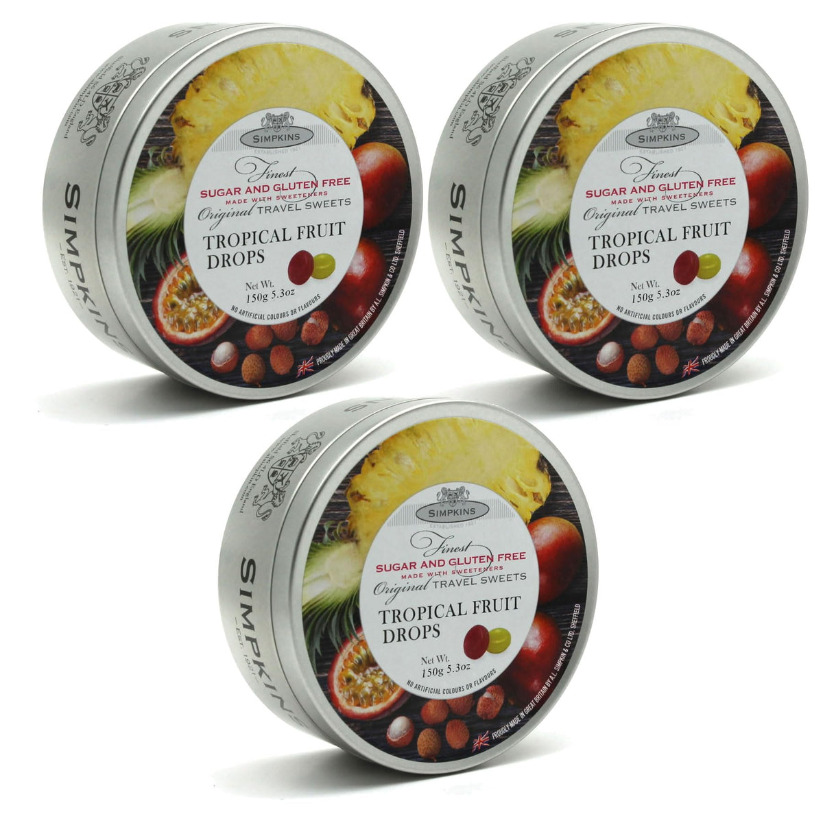 Simpkins Sugar Free Tropical Fruit Travel Sweets 150g TIn PACK OF 3