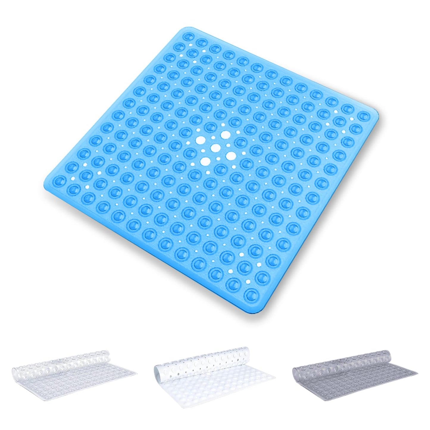 Oxford Homeware Shower Bath Mat Non Slip Anti Mould ? Blue 53x53cm Square Shower Mat for Bathtub and Bathroom with Drain Holes and Strong Suction Cups