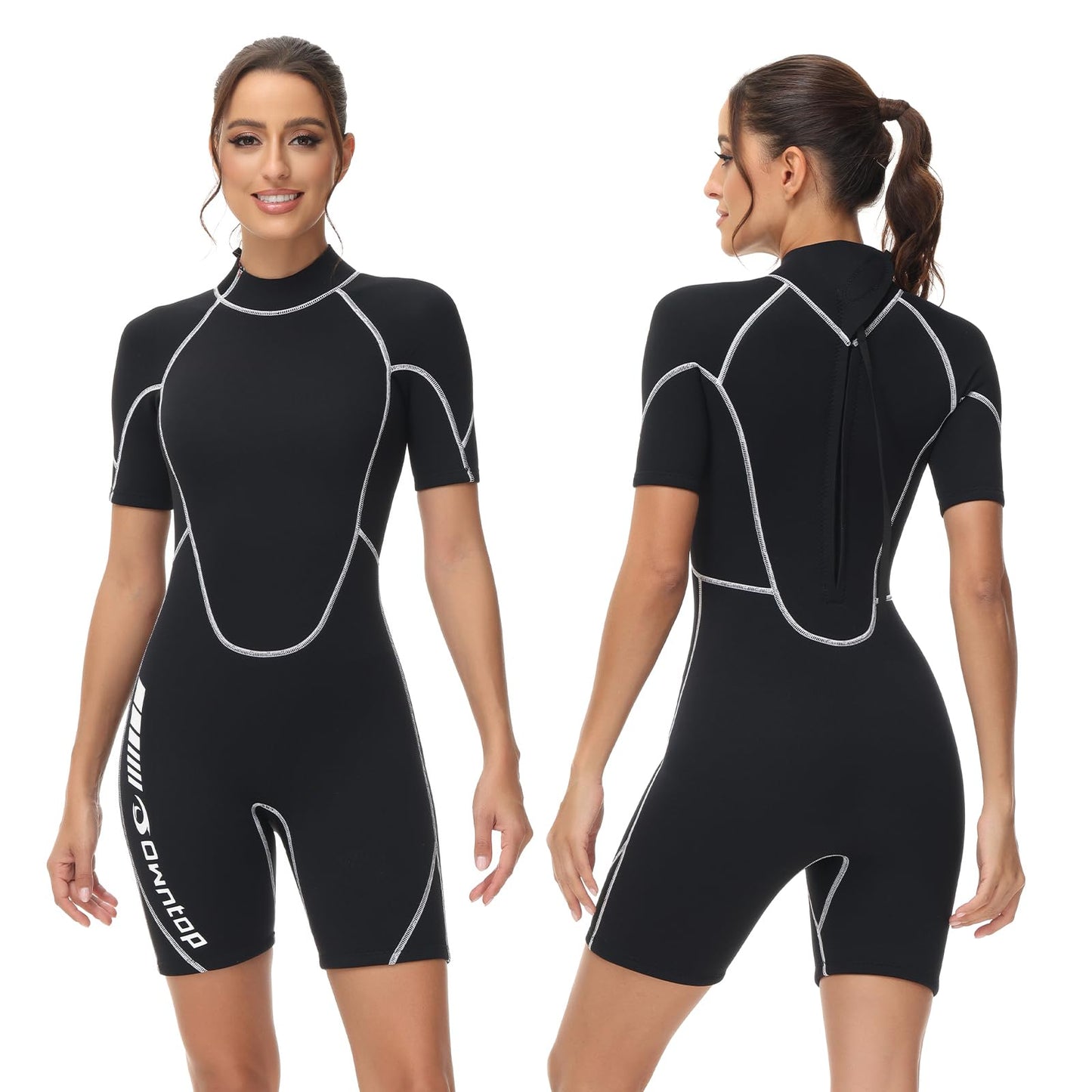 Owntop 3/2mm Shorty Wetsuit Women - Back Zip Wet Suit for Diving Surfing, Short Sleeve Diving Suits Stretch Neoprene for Water Sports, Women Black M