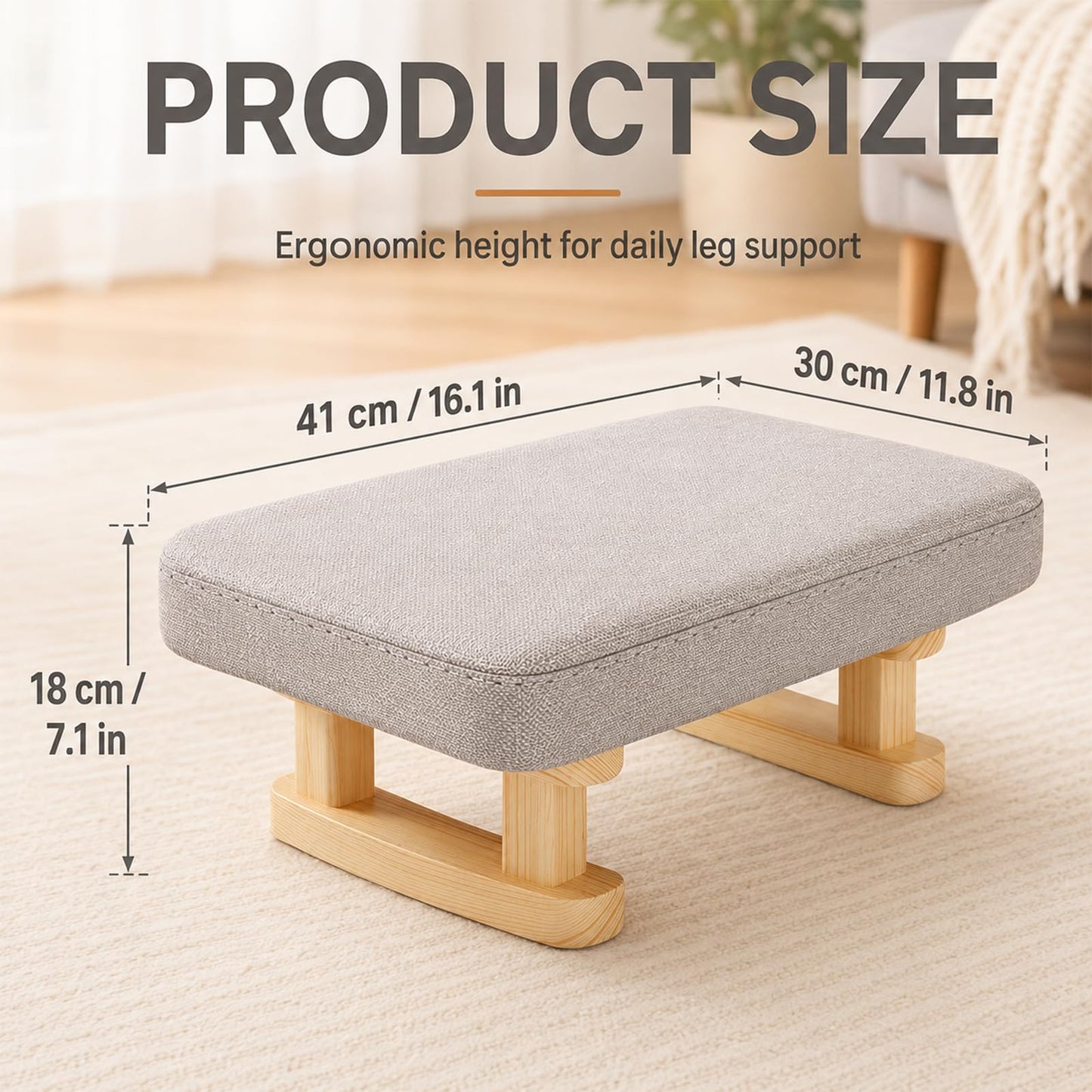 KASURE Ottoman Footstool with Wooden Legs, 41x30x18cm Pouffe Footrest with Removable Washable Cover, Solid Wood Legs Anti-Slip