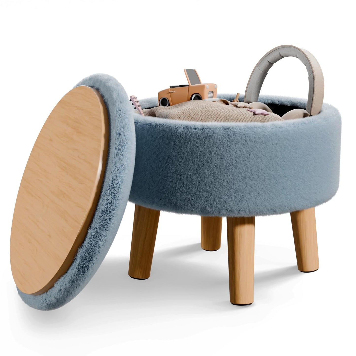 BRIAN & DANY Footstool with Storage, Faux Fur Round Storage Ottoman, Foot Stool with Legs Sofa Footrest for Living Room Entryway Office, Blue