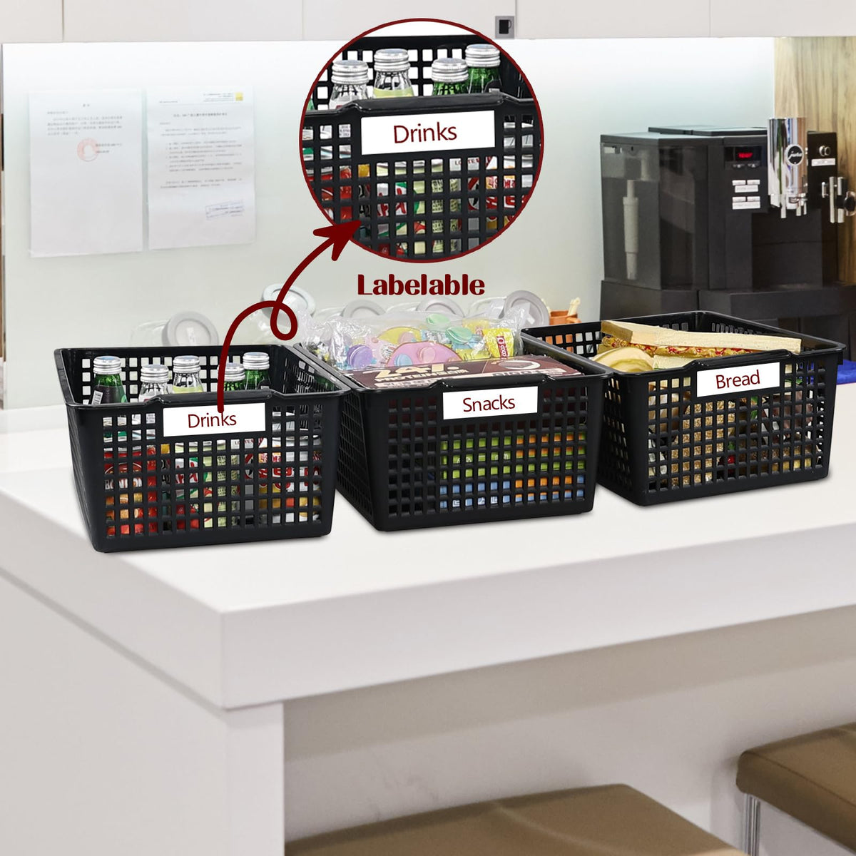 Guankan 3 Pack Large Plastic Storage Baskets, Black Cupboard Storage Basket