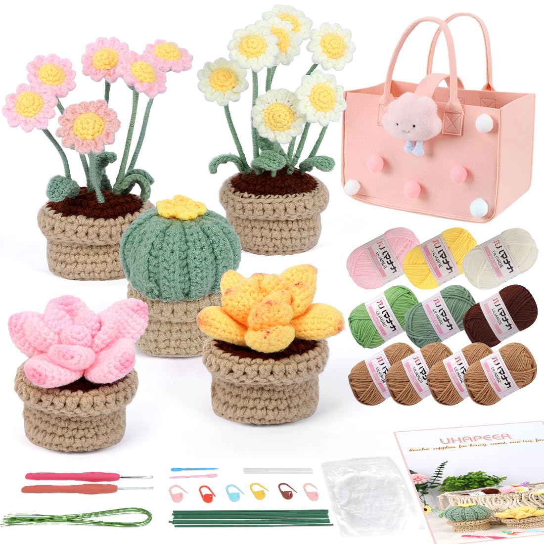 UHAPEER Beginner Crochet Kit, 5 Pcs Potted Plants, Complete Crochet Kit for Beginners Adults Kids, Crochet Kit with Step-by-Step Instruction and Video