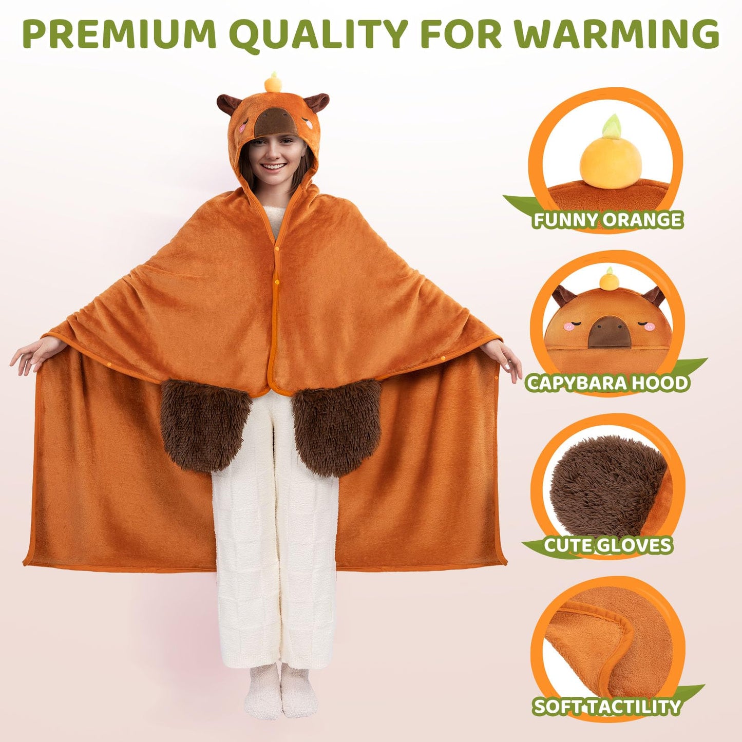 Mewaii Oversized Wearable Blanket Hoodie Kawaii Capybara Hooded Cloak,Soft Plush Flannel Blanket Hoodie,Unisex Cozy Blanket for Kids Women Men,Great