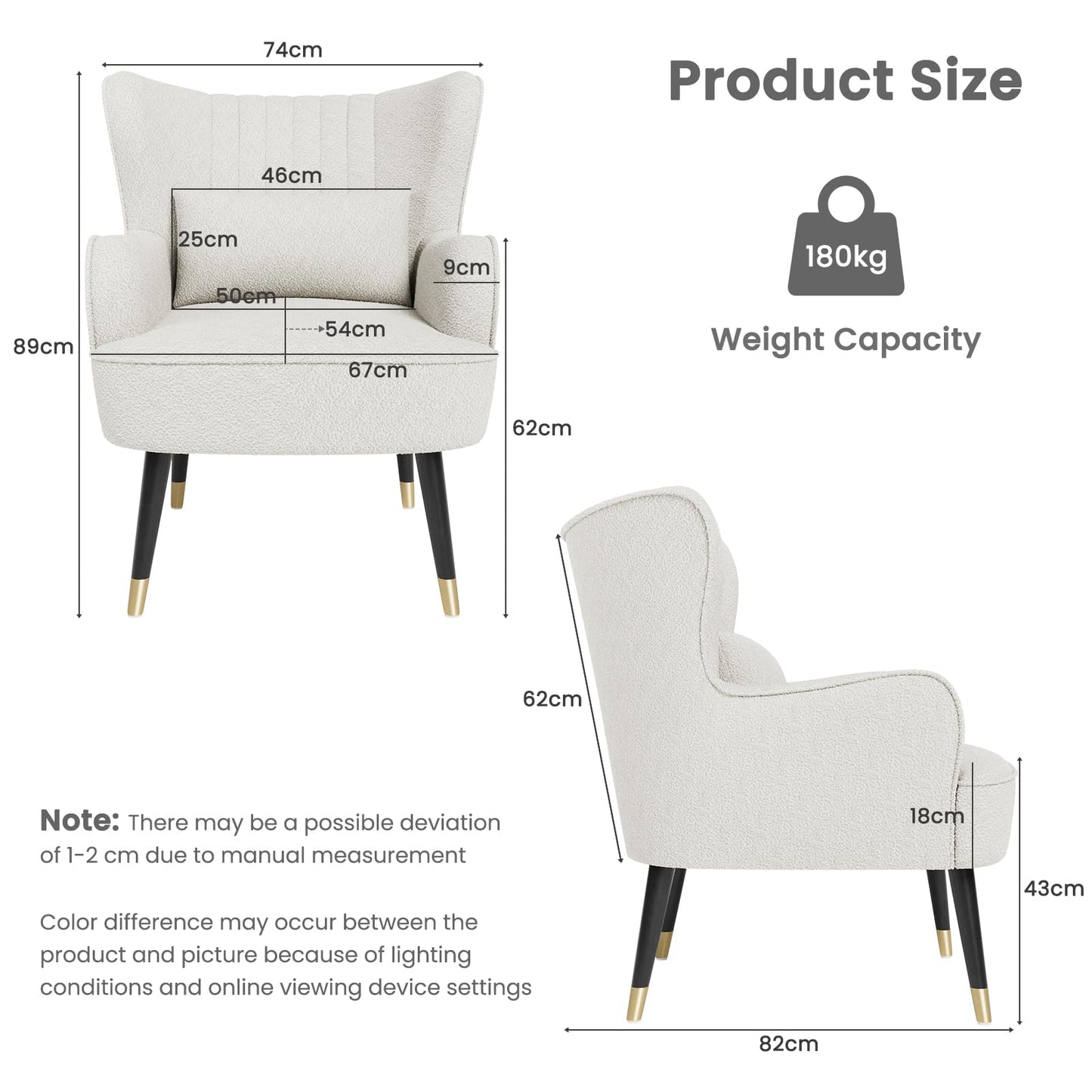 Vesgantti Teddy Accent Chair with Lumbar Pillow, Wing Back Large Armchair