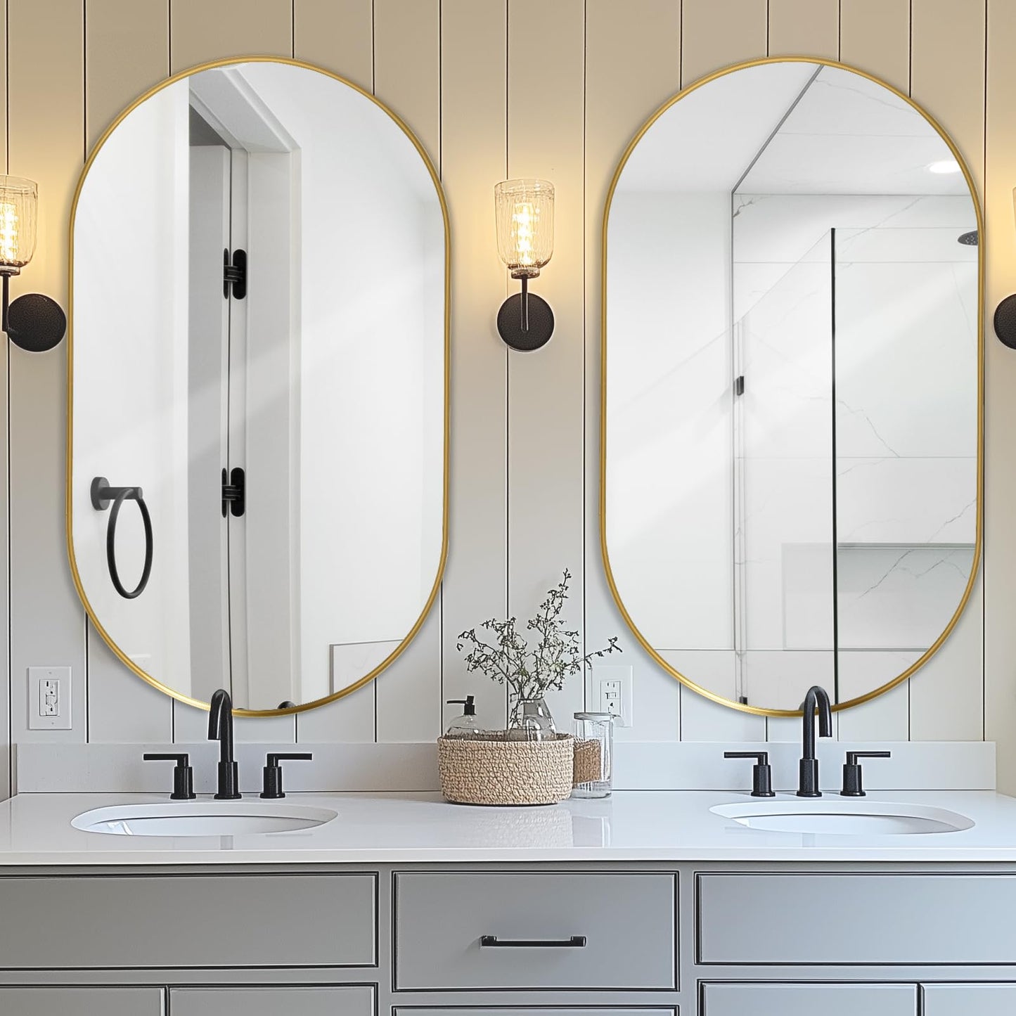 LunaMirror Wall Mirror Oval 60x90 CM Wall-Mounted Bathroom Vanity Mirror Stylish Gold Mirror Wall Decor Rectangle Wall Hanging Mirror with Curved