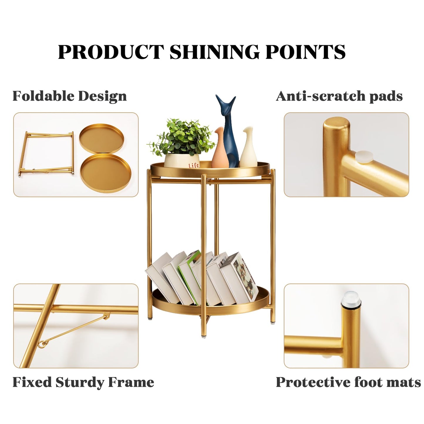 danpinera 2-Tier Gold Side Table, Round End Table, Small Gold Table with Removable Tray, Metal Folding Accent Living Room