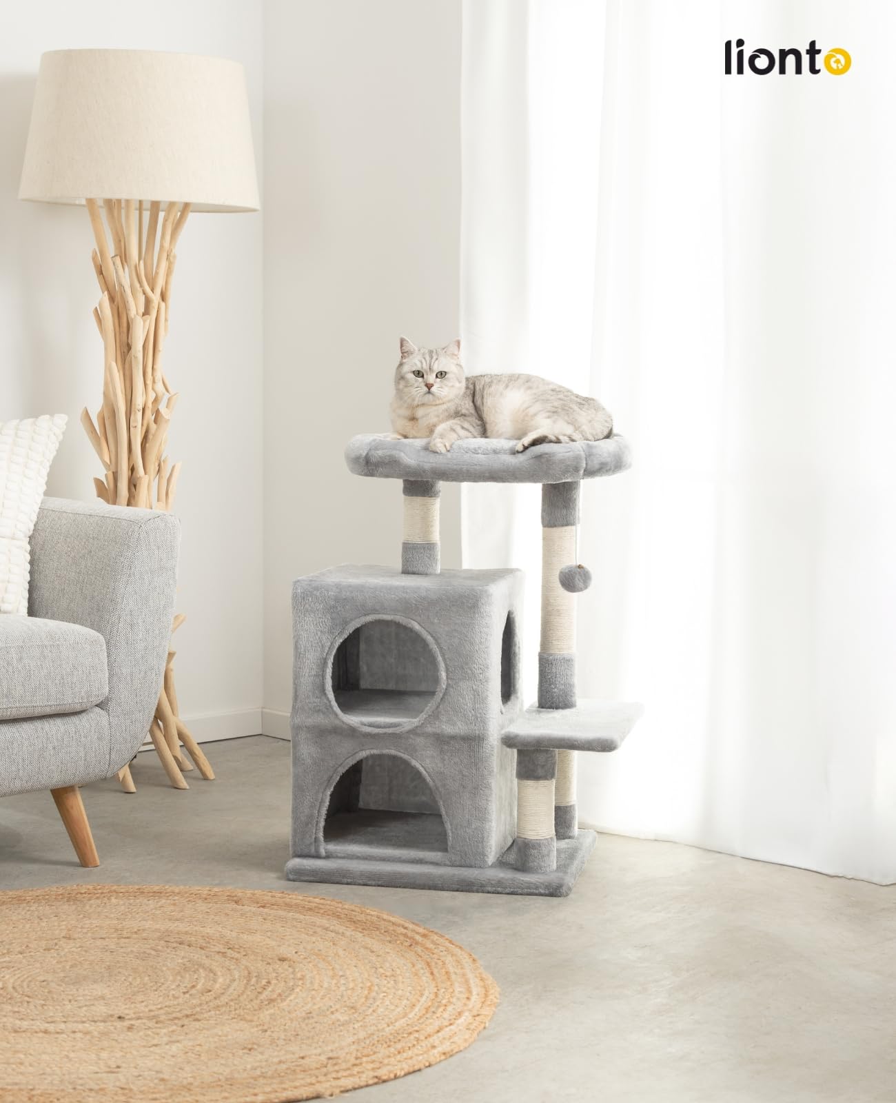 lionto Scratching tree for cats with 2 caves & cozy lying area, height 80 cm, cat tree with plush ball incl. bell, with sisal rope & plush, suitable