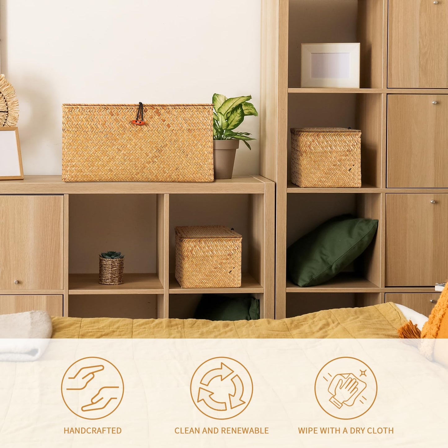 FEILANDUO Wicker Storage Baskets with Lids Seagrass Woven Baskets for Shelves Stackable Storage Boxes for Organizing Rattan Bins