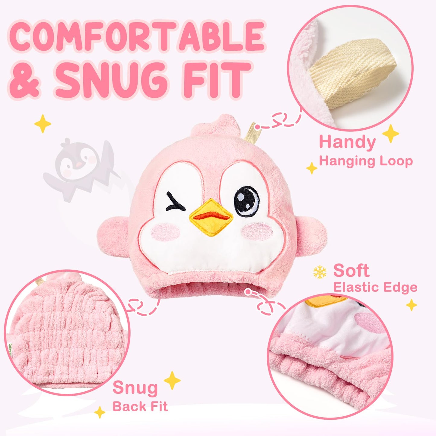 WAWSAM Kids Hair Towel Wrap Penguin, Microfibre Hair Turban Towel for Girls Boys, Fast Drying Hair Wrap with Button