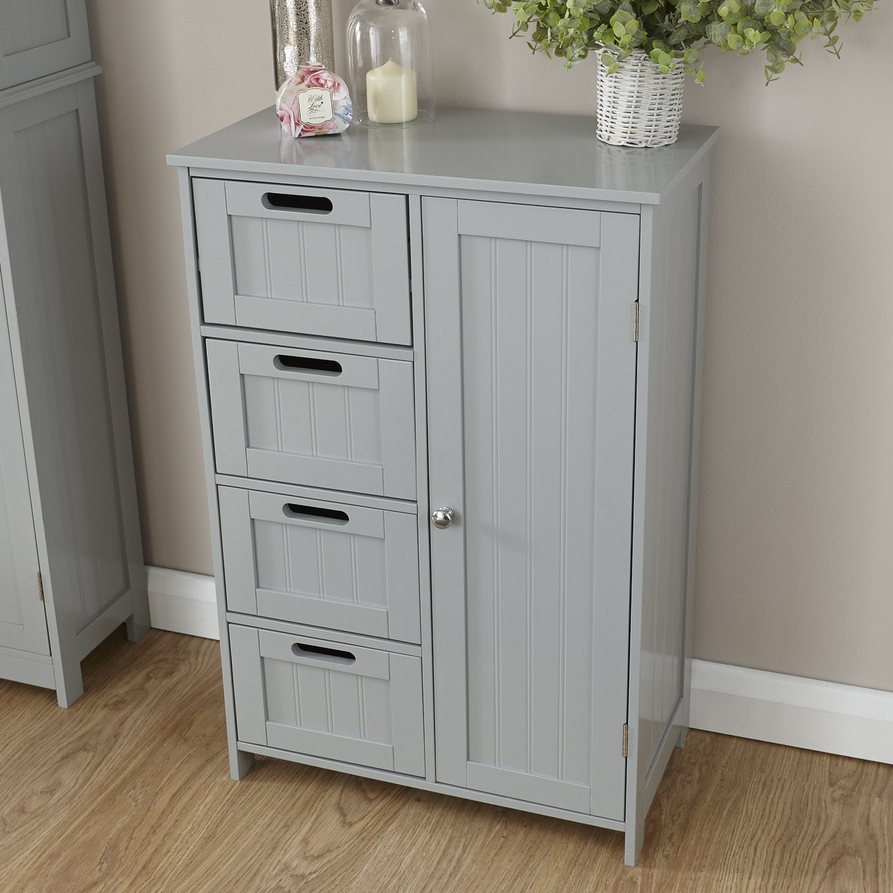 Home Source Colonial 4 Drawer 1 Door Chest of Drawers Multi Storage Tong & Groove - Grey