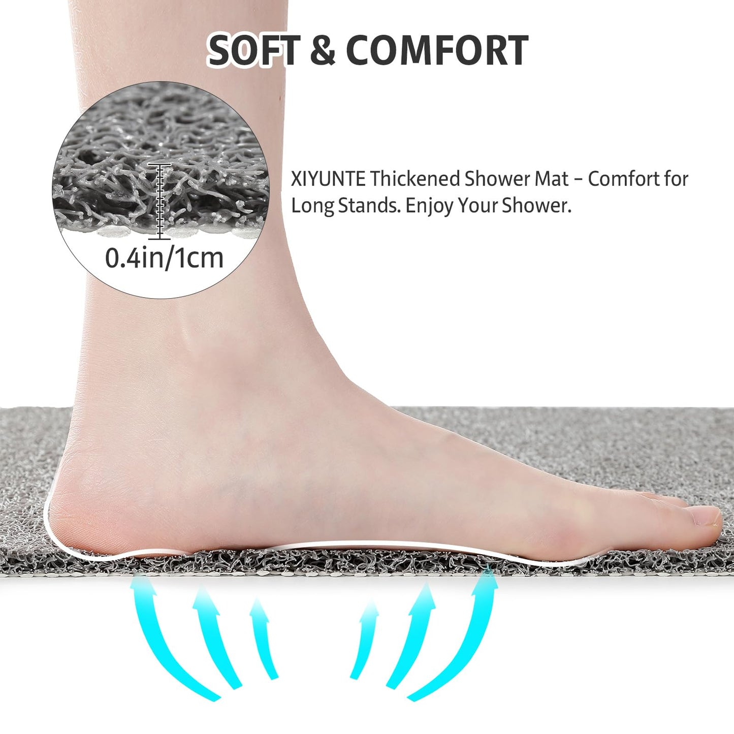 XIYUNTE Soft Shower Mat Non Slip Anti Mould, 60 x 40 cm, INCL. Hooks for Drying, PVC Bath Mat Non Slip Anti Mould
