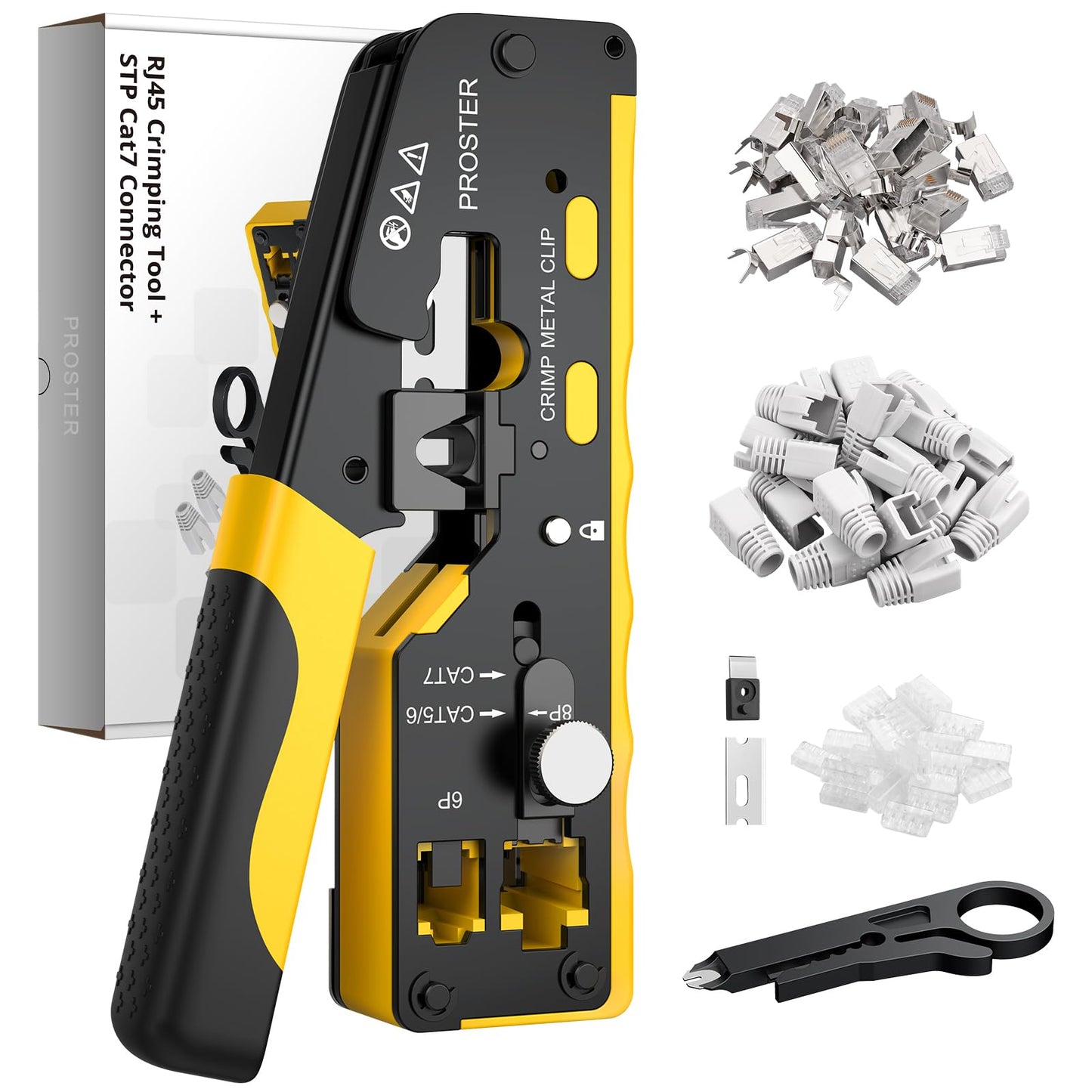 Proster RJ45 Crimp Tool - 3 in 1 Pass Through Ethernet Crimping Tool Kit with 20PCS CAT7 Gold-Plated Copper Shielded Connectors & 20PCS Protection