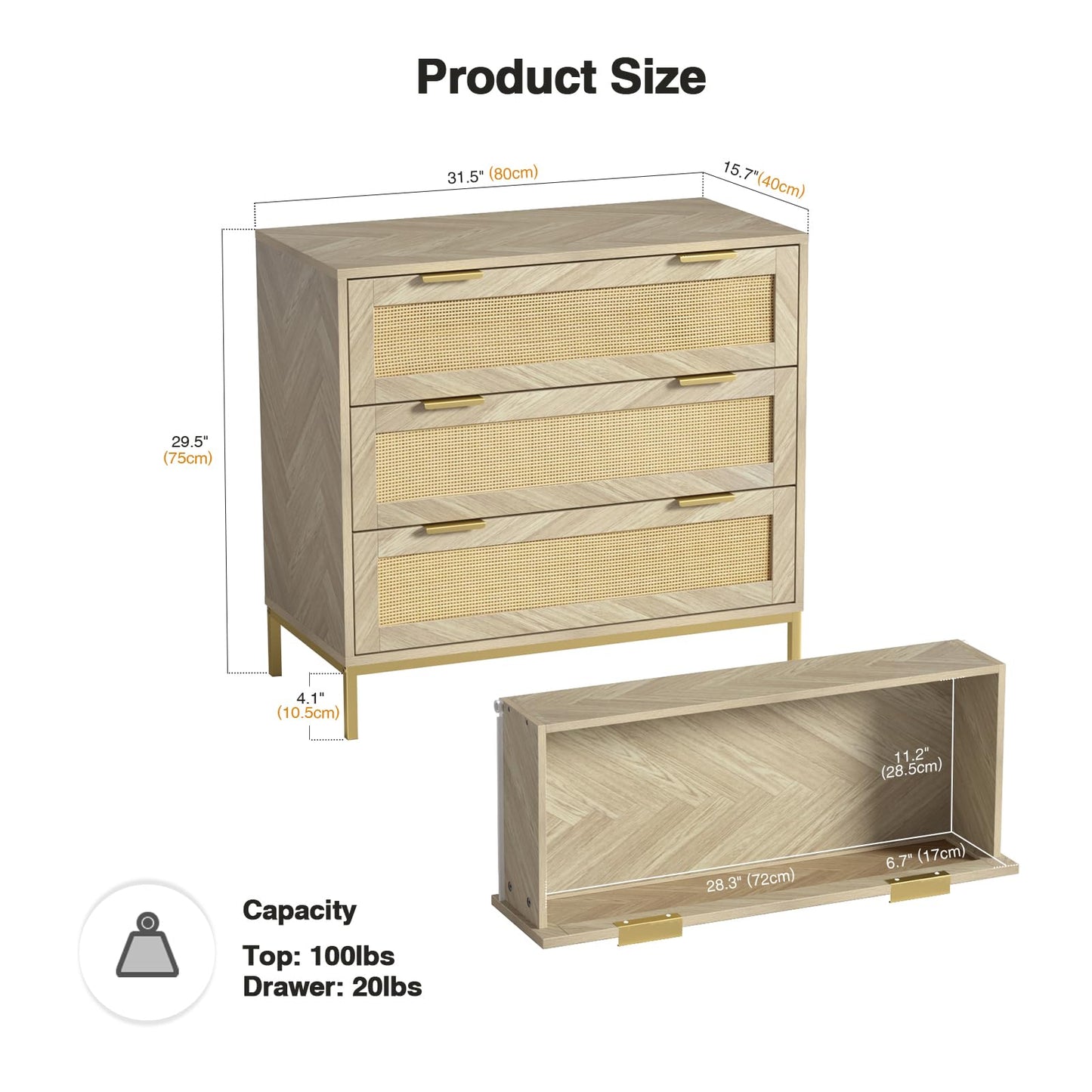 Skokliz Rattan Chest of Drawers with 3 Drawers, Storage Organizer for Bedroom, Wide Dresser Chest of Drawers, Modern Wooden Storage Unit for Hallway
