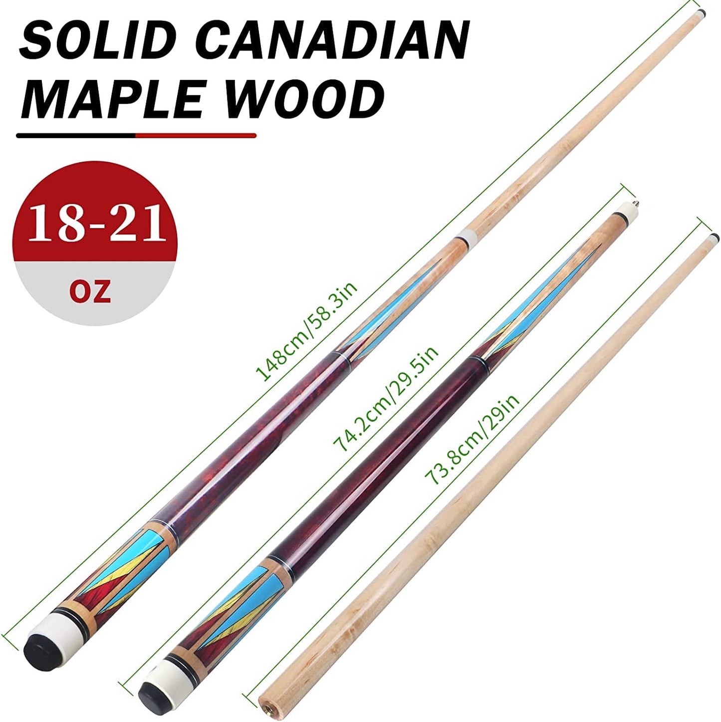 Pool Cue,Pool Cues Set of 2 Pool 58" AKLOT Cue Sticks Pool Cues Adult Canadian Maple Wood Cue Stick Pool Cues Adult 18 19 20 21 oz