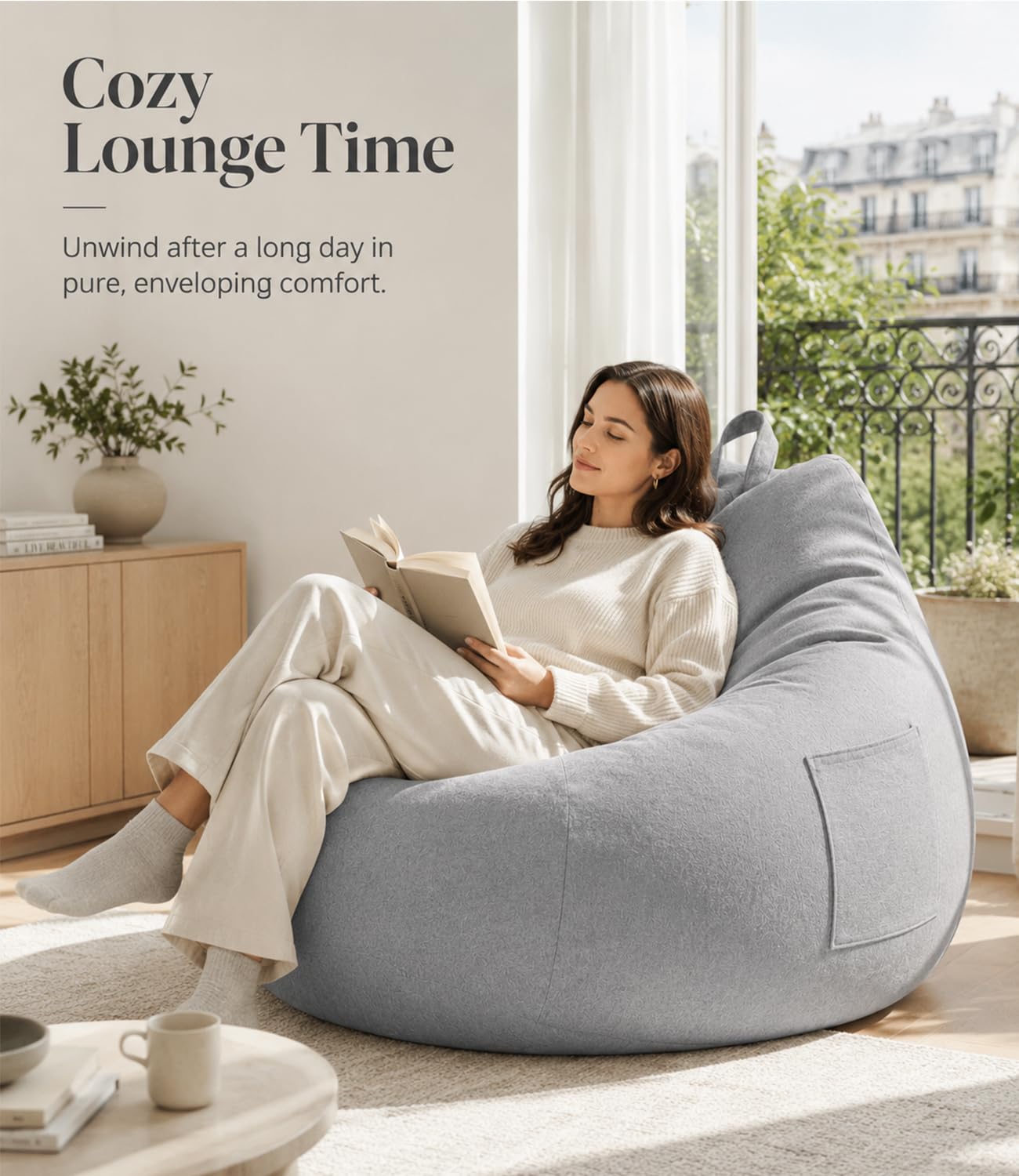 Highdi Bean Bag Without Fillings - Cotton Linen Durable & Comfortable, Light Grey Storage Bean Bag Chair for Living Room/Gaming Room
