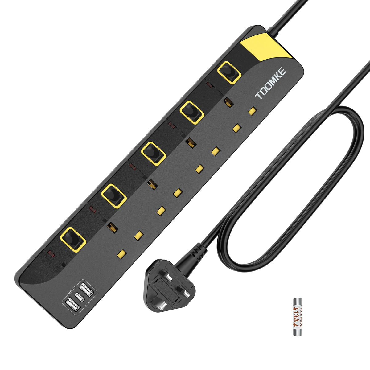 Extension Lead with Individual Switches 4 Way 3 USB 8M Black 8M Extension Lead with USB C Slots, 4 Way (13A/3250W) Plug Extension Socket with 2 USB A