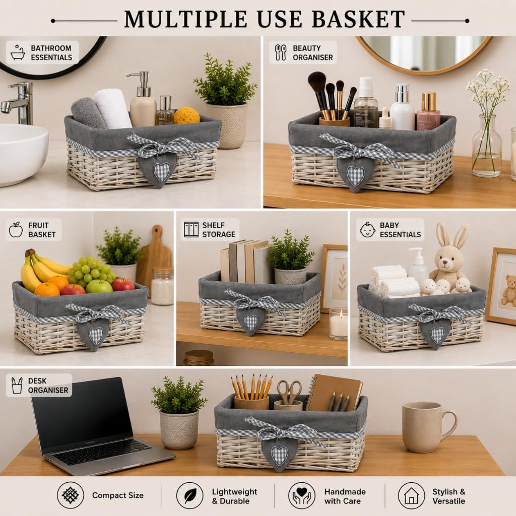 Woodluv Grey Wicker Rectangular Storage Gift Hamper Basket With Removable Lining - Small
