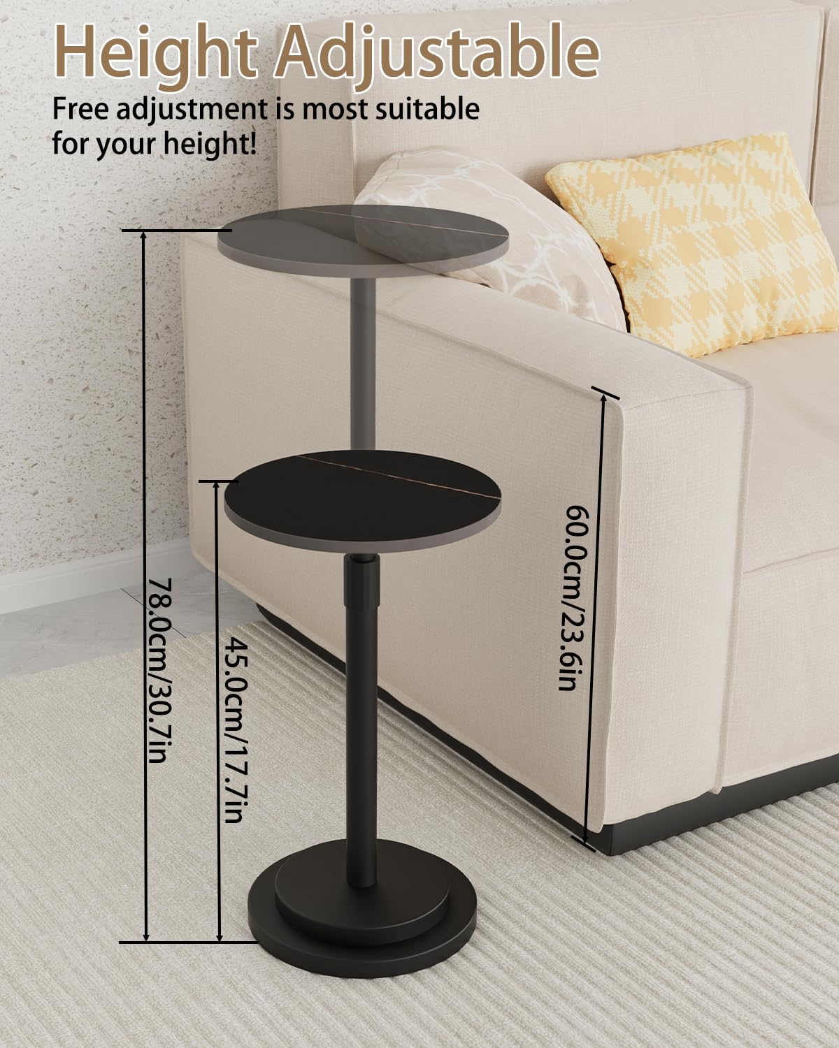 GUOHNHE Round Side Table, Height Adjustable Pedestal Stand, 1 Pack, Black