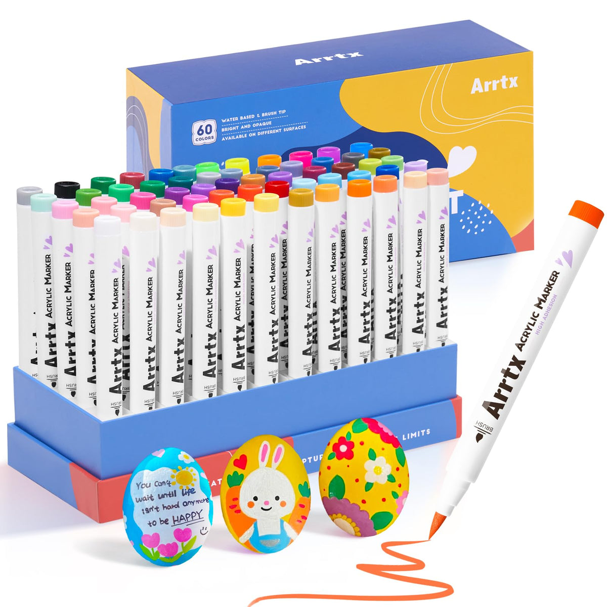 Arrtx 60 Colours Acrylic Markers Paint Pens, Paint Marker Pens Brush Tip,Permanent Rock Painting Pens for Wood, Canvas, Stone, Rock Painting, Glass,