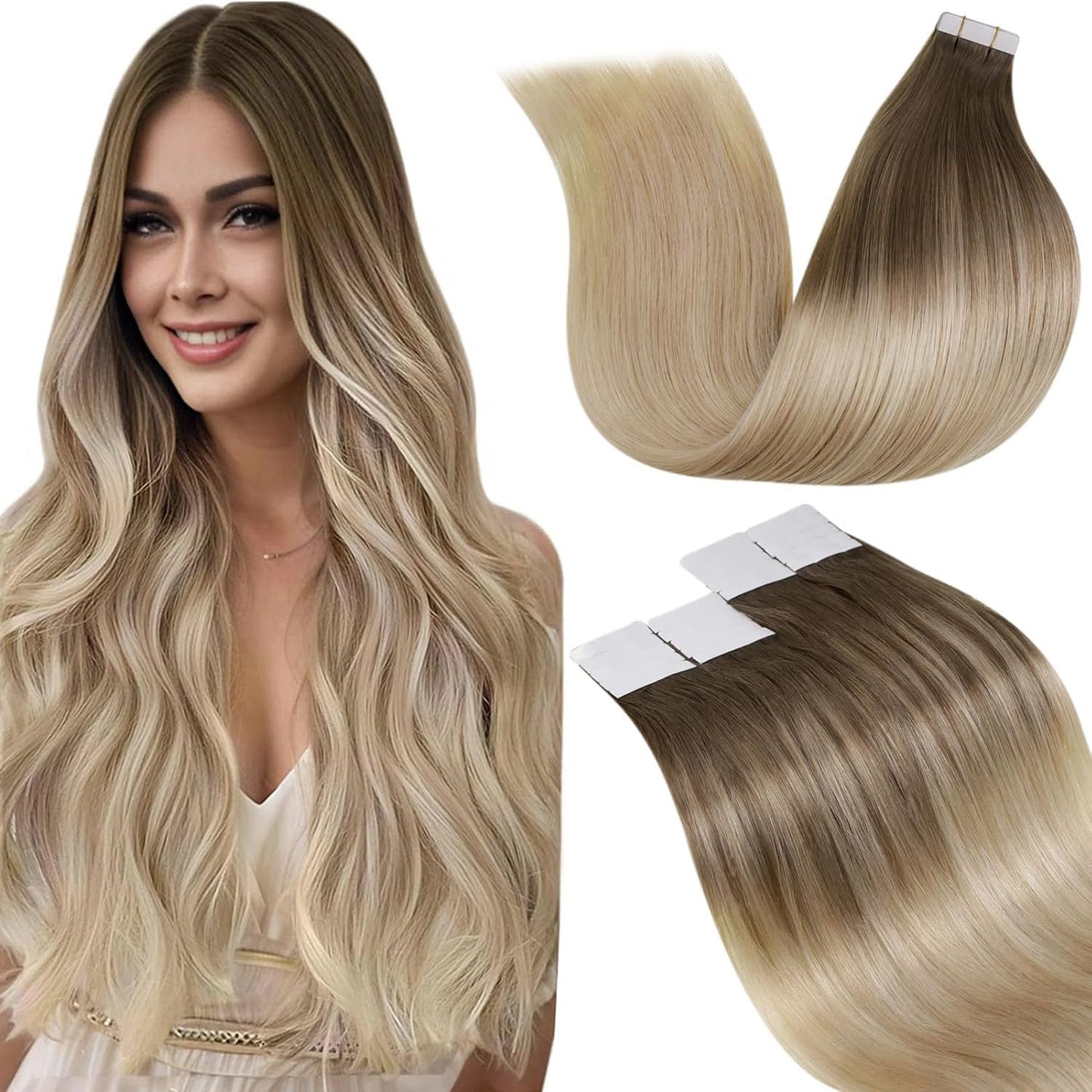 LaaVoo Tape in Hair Extensions Human Hair Blonde Tape Hair Extensions Real Human Hair Invisible Tapes Remy Straight Balayage Brown to Blonde Hair