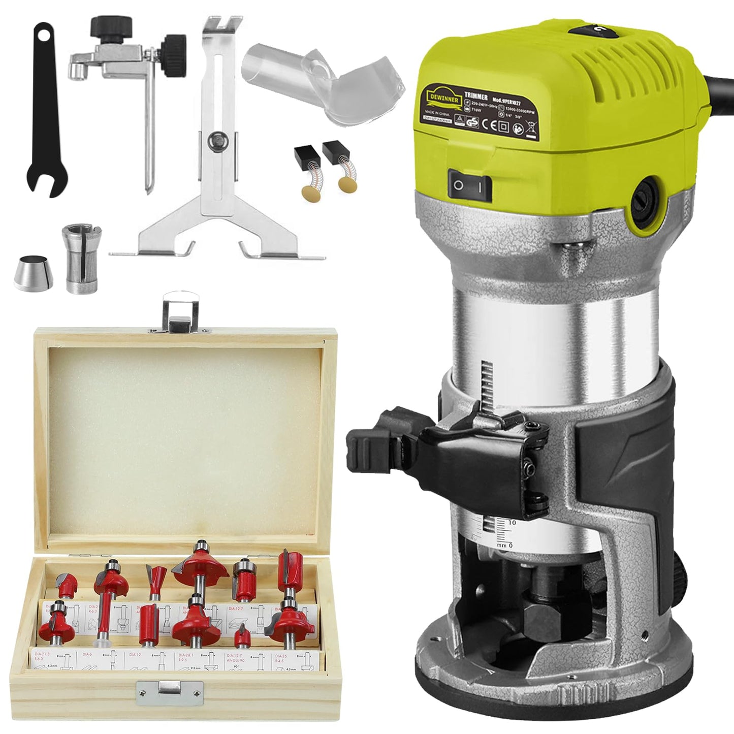 DEWINNER Electric Palm Router Tool, 1/4" Compact Wood Trimmer with Metal Base, 6 Variable Speeds Router for Woodworking, Trimmer Router with 12pcs